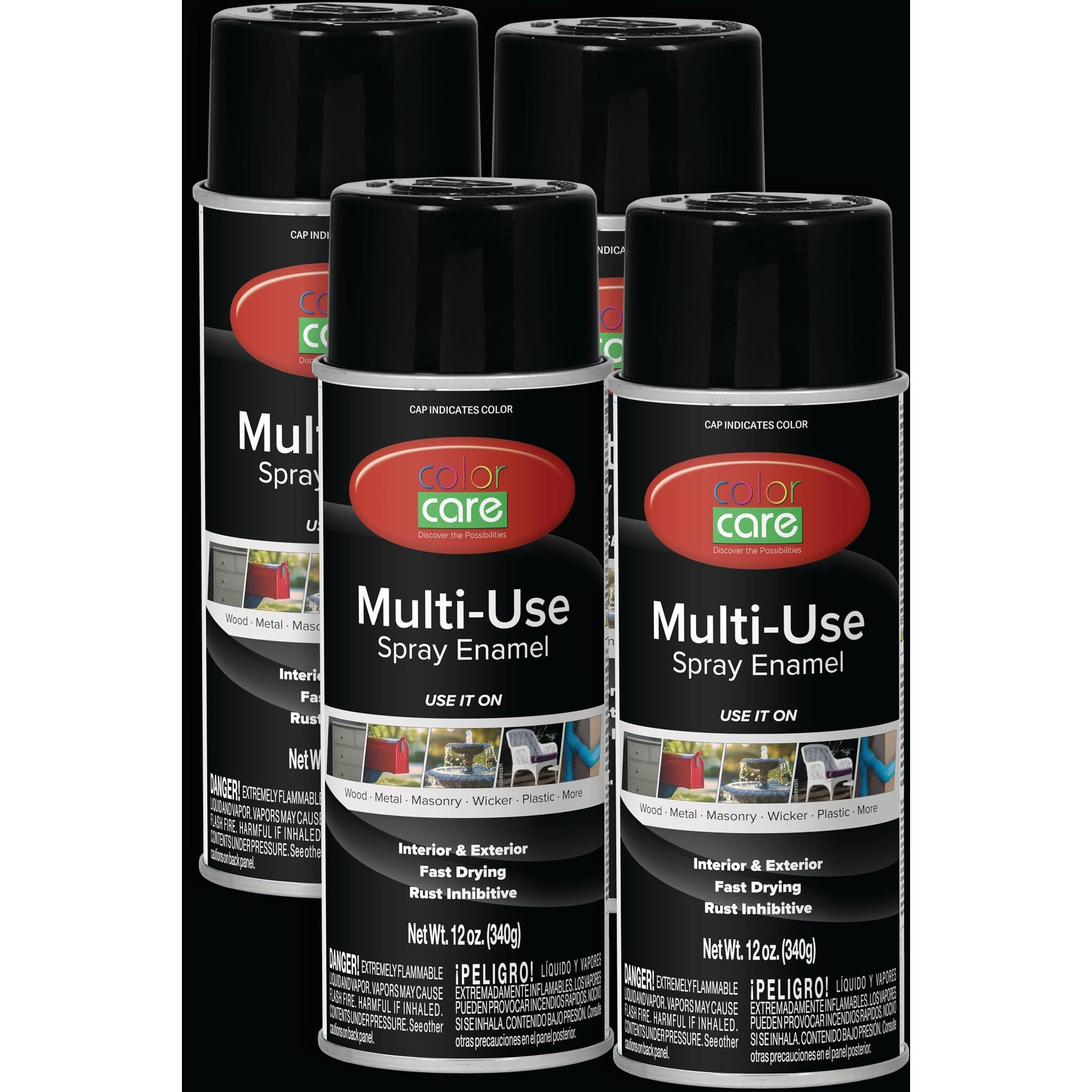 Color Care Spray Paint - 4 Pack Of 12 Oz. Cans, Oil Enamel, Rust Resistant, Quick Drying, No Drip Formula For Wood, Metal, Plastic, Masonry, Indoor & Outdoor Use (Gloss Black)
