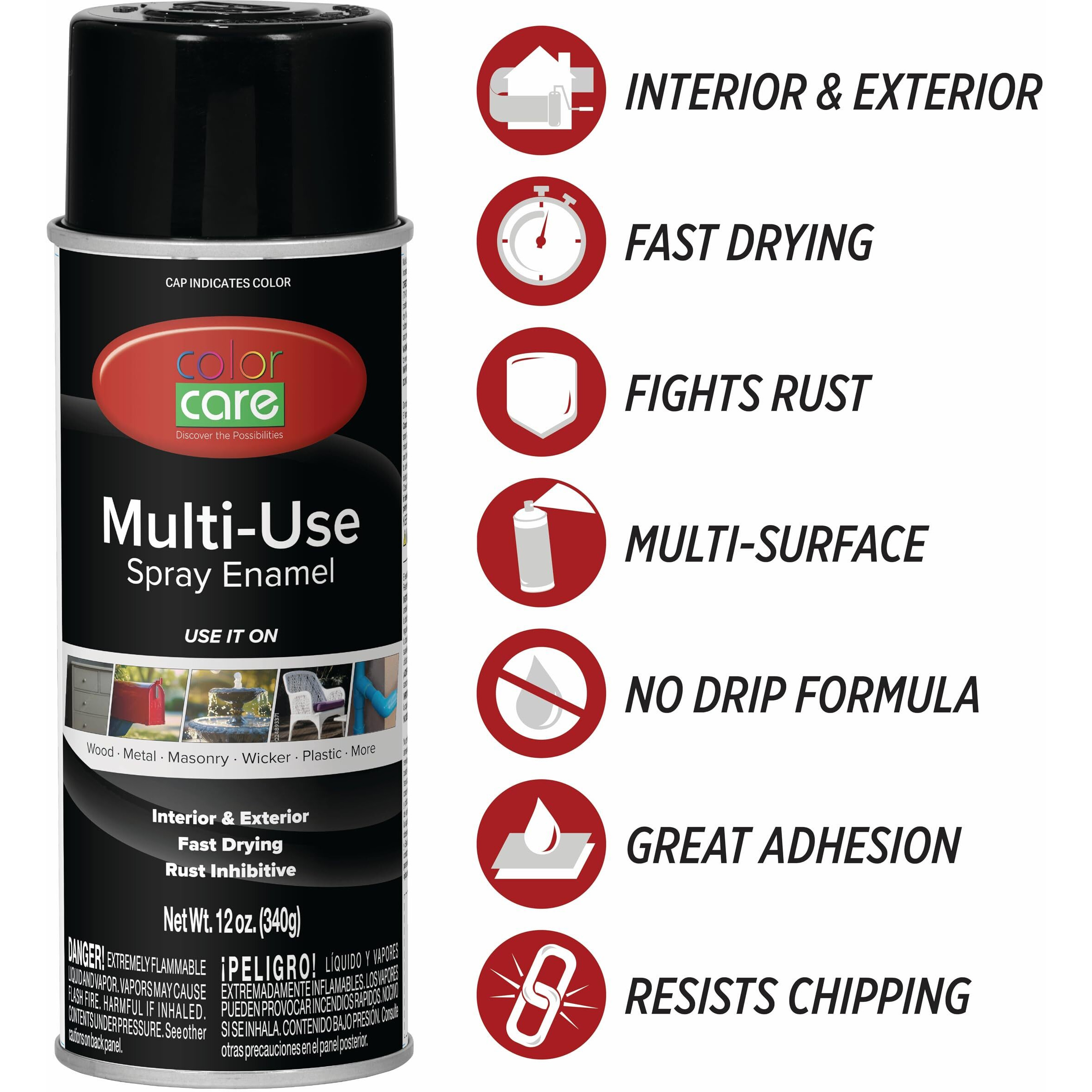 Color Care Spray Paint - 4 Pack Of 12 Oz. Cans, Oil Enamel, Rust Resistant, Quick Drying, No Drip Formula For Wood, Metal, Plastic, Masonry, Indoor & Outdoor Use (Gloss Black)