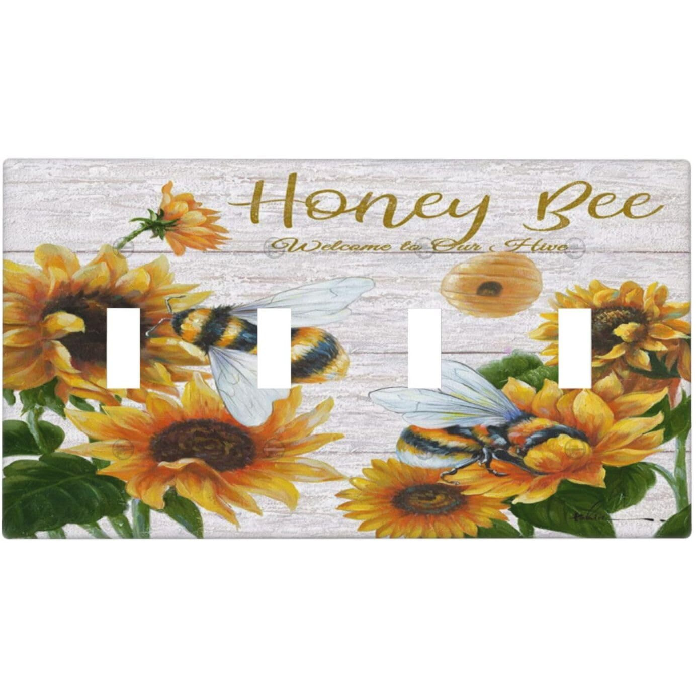 Sunflower Bee Oil Painting 4 Gang Light Switch Cover Plate Quad Toggle Wall Plate Decorative Switch Electrical Faceplate For Home Office Art Wall Decor