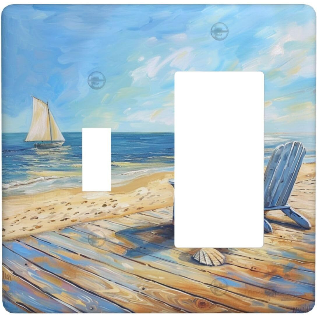 Xuejiaku Light Switch Cover Sea Beach Chair Oil Painting Ocean Sailboat 2 Gang Toggle Rocker Combo Socket Cover Wall Plates Decorative Switch Plates And Outlet Covers For Bathroom Home Decor
