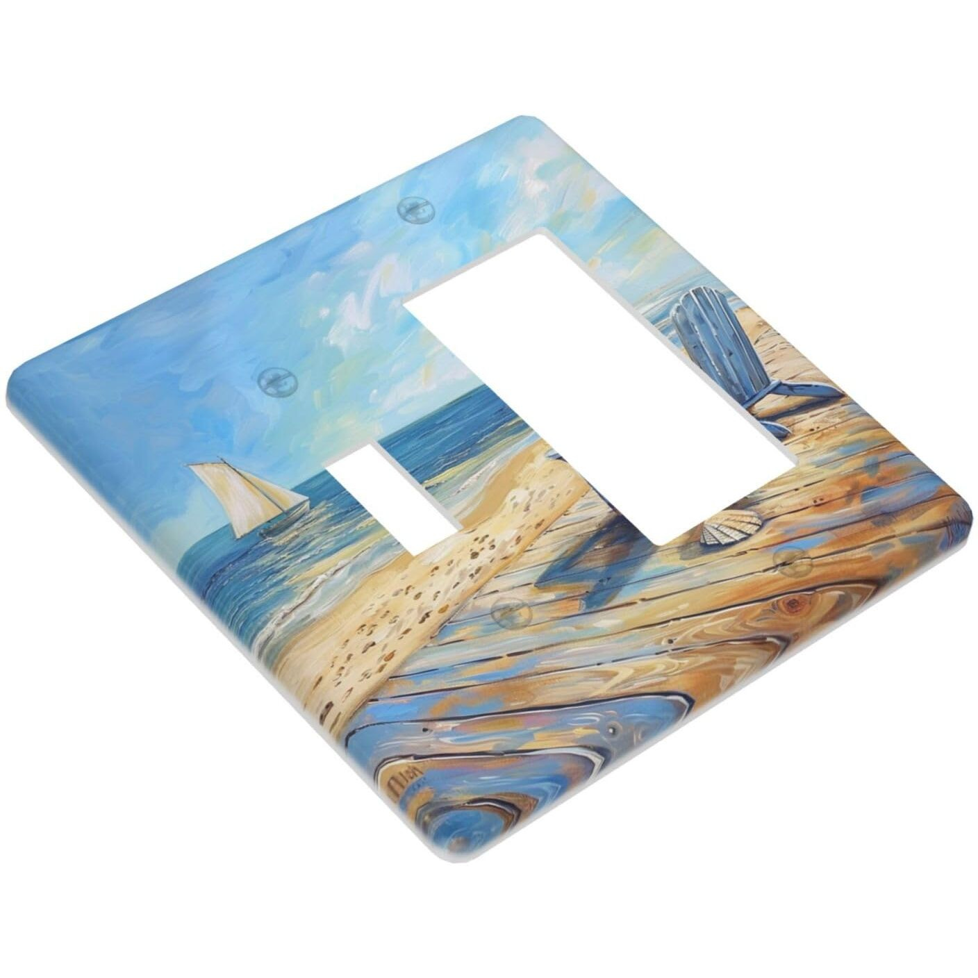 Xuejiaku Light Switch Cover Sea Beach Chair Oil Painting Ocean Sailboat 2 Gang Toggle Rocker Combo Socket Cover Wall Plates Decorative Switch Plates And Outlet Covers For Bathroom Home Decor