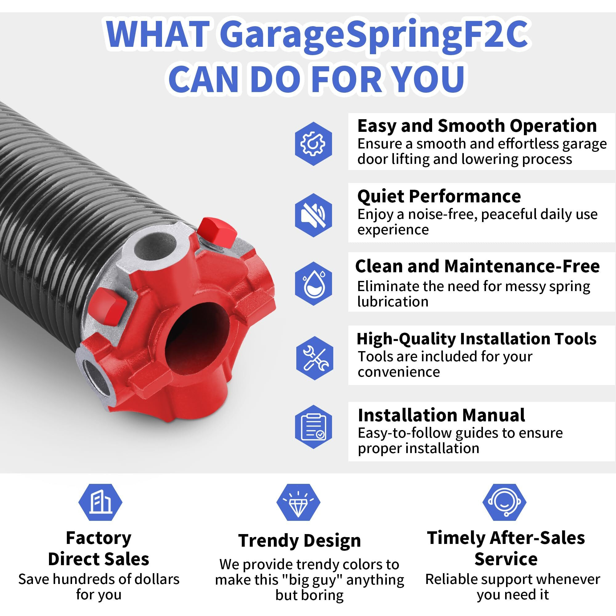 Garagespringf2C One Pair Of 2 Inch Garage Door Torsion Springs Replacement Set, Min. 20,000 Cycles, Oil-Free Electrophoretic Coated, Non-Slip Winding Bars - Size 234X2X25""