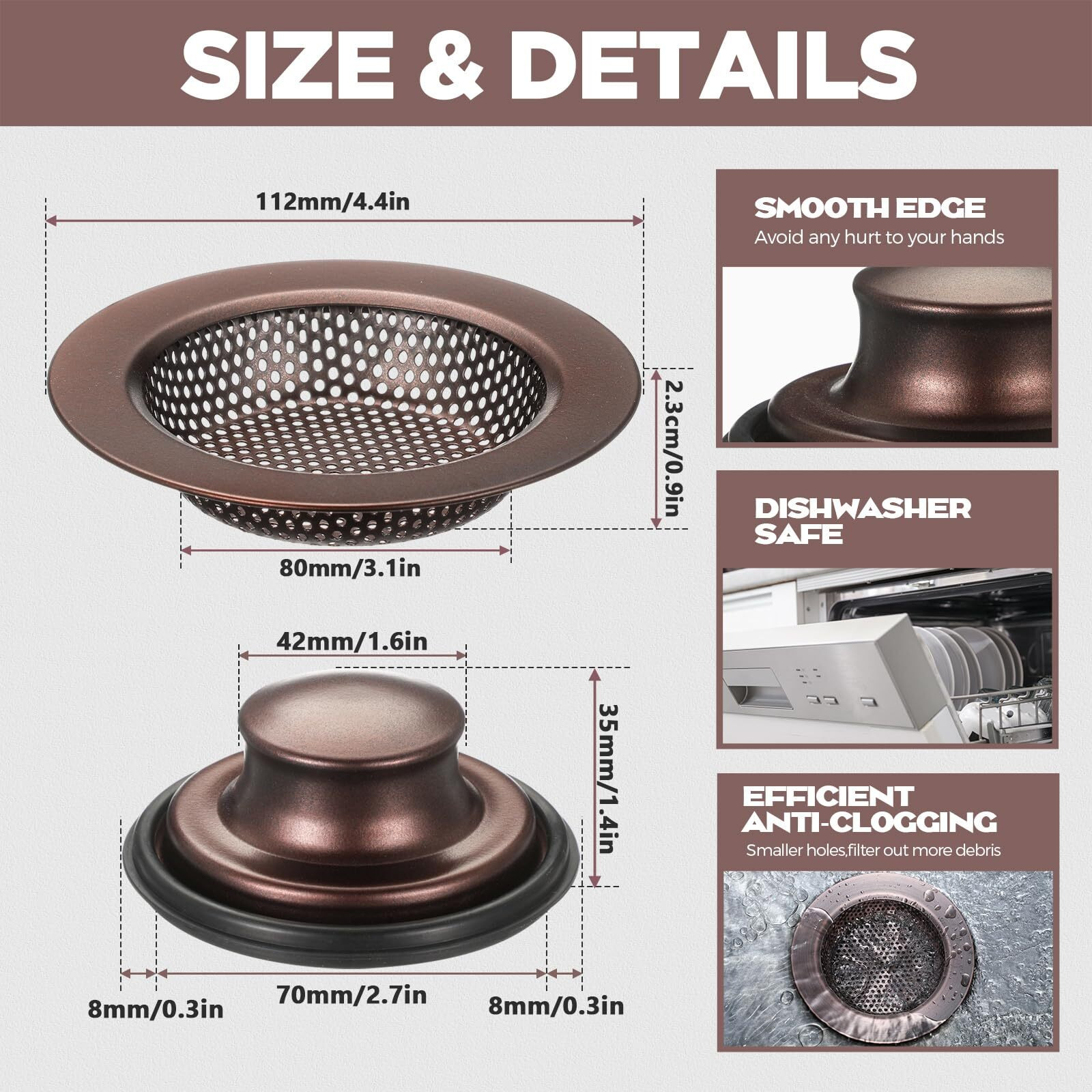 Retisee 2 Pcs Kitchen Sink Drain Strainer Stopper Set Stainless Steel Drain Catcher And Cover Large Wide Rim 4.5"" Diameter Sink Basket Garbage Disposal Plug For Standard 3 1/2 Inch(Oil Rubbed Bronze)