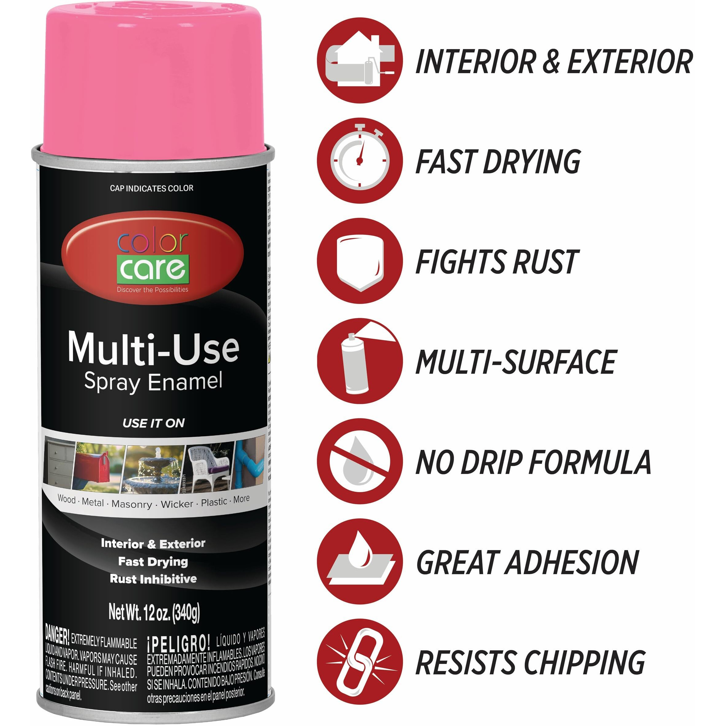 Color Care Spray Paint - 4 Pack Of 12 Oz. Cans, Oil Enamel, Rust Resistant, Quick Drying, No Drip Formula For Wood, Metal, Plastic, Masonry, Indoor & Outdoor Use (Pink)