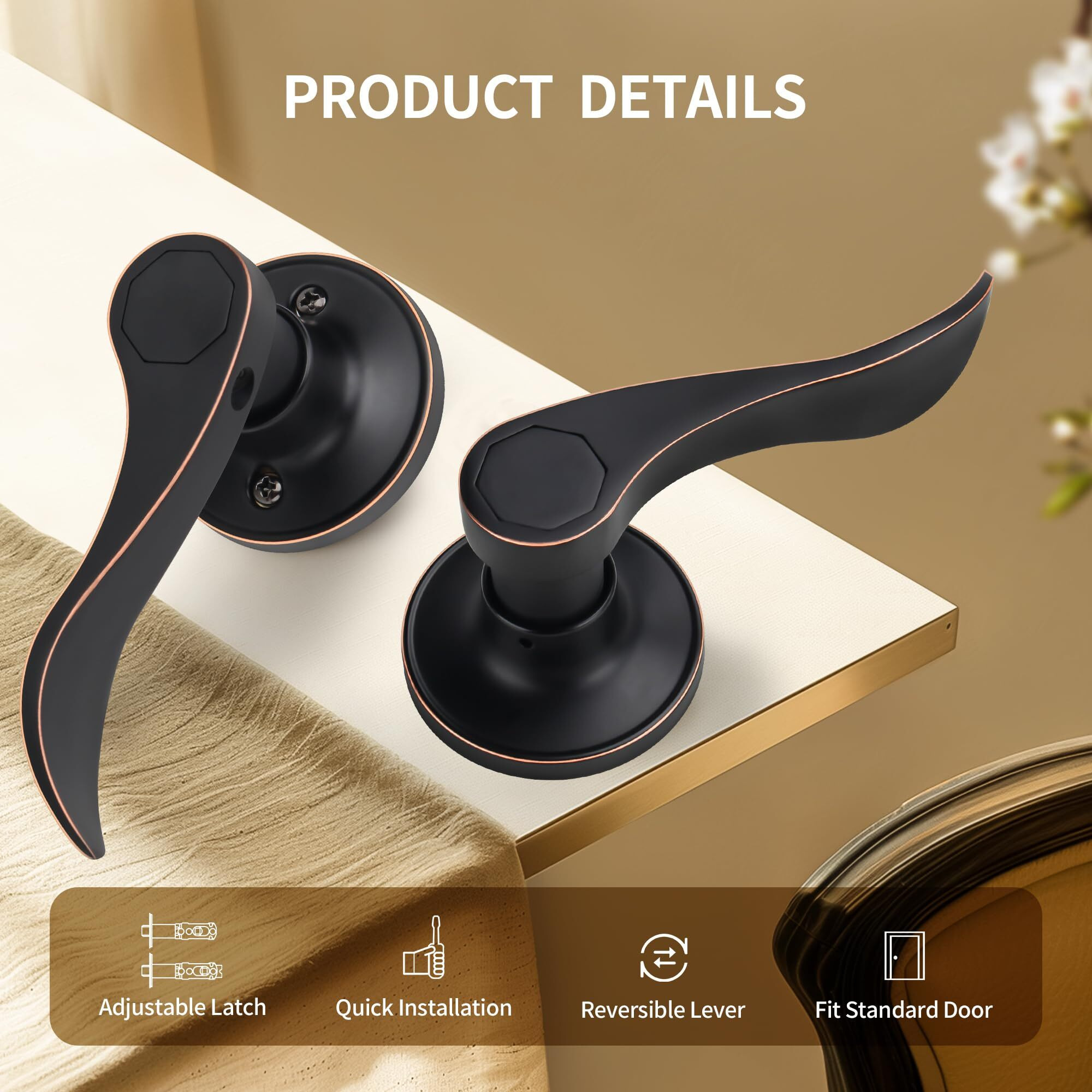 Moquin Wave Design Passage Door Lever Without Keys And Lock, Reversible Door Handle For Right/Left Side Closet/Hallway Door Lock In Oil-Rubbed Bronze (Red Margin) Finish