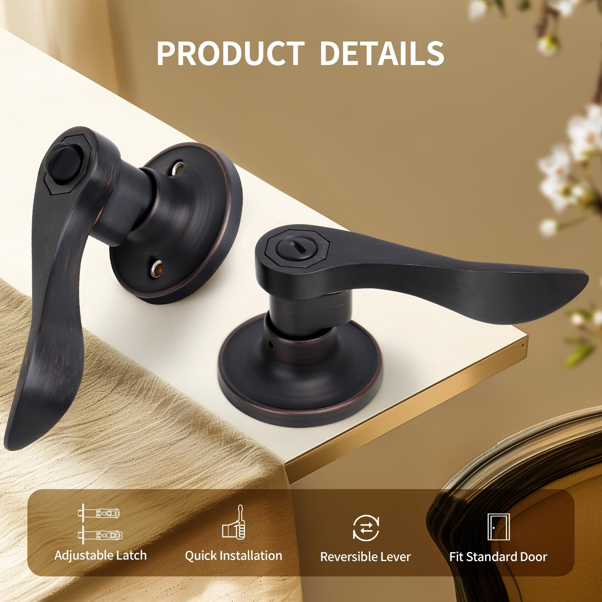 Moquin Wave Design Privacy Door Lever Without Keys, Reversible Door Handle For Right/Left Side Bathroom/Bedroom Door Lock In Oil Rubbed Bronze Finish