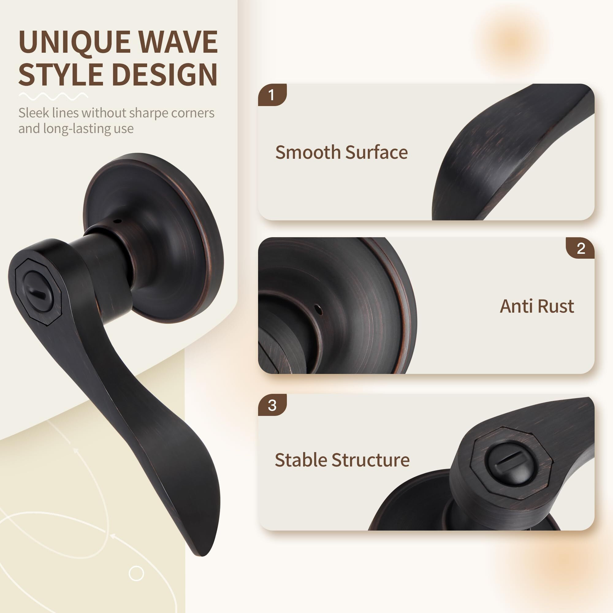 Moquin Wave Design Privacy Door Lever Without Keys, Reversible Door Handle For Right/Left Side Bathroom/Bedroom Door Lock In Oil Rubbed Bronze Finish
