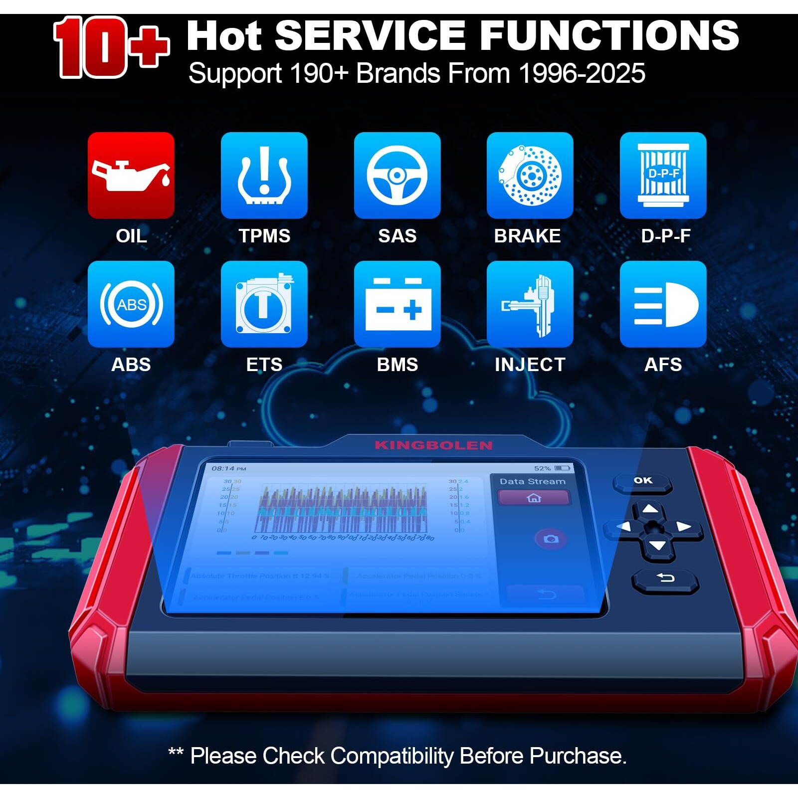 Kingbolen S600 Obd2 Car Scanner,Ecm/Tcm/Srs/Abs Code Reader With 10 Reset,Automotive Engine Scan Tool With Oil Tpms Brake Bleed Ets Sas Throttle Reset,Autovin Car Diagnostic Tools,Lifetime Free Update