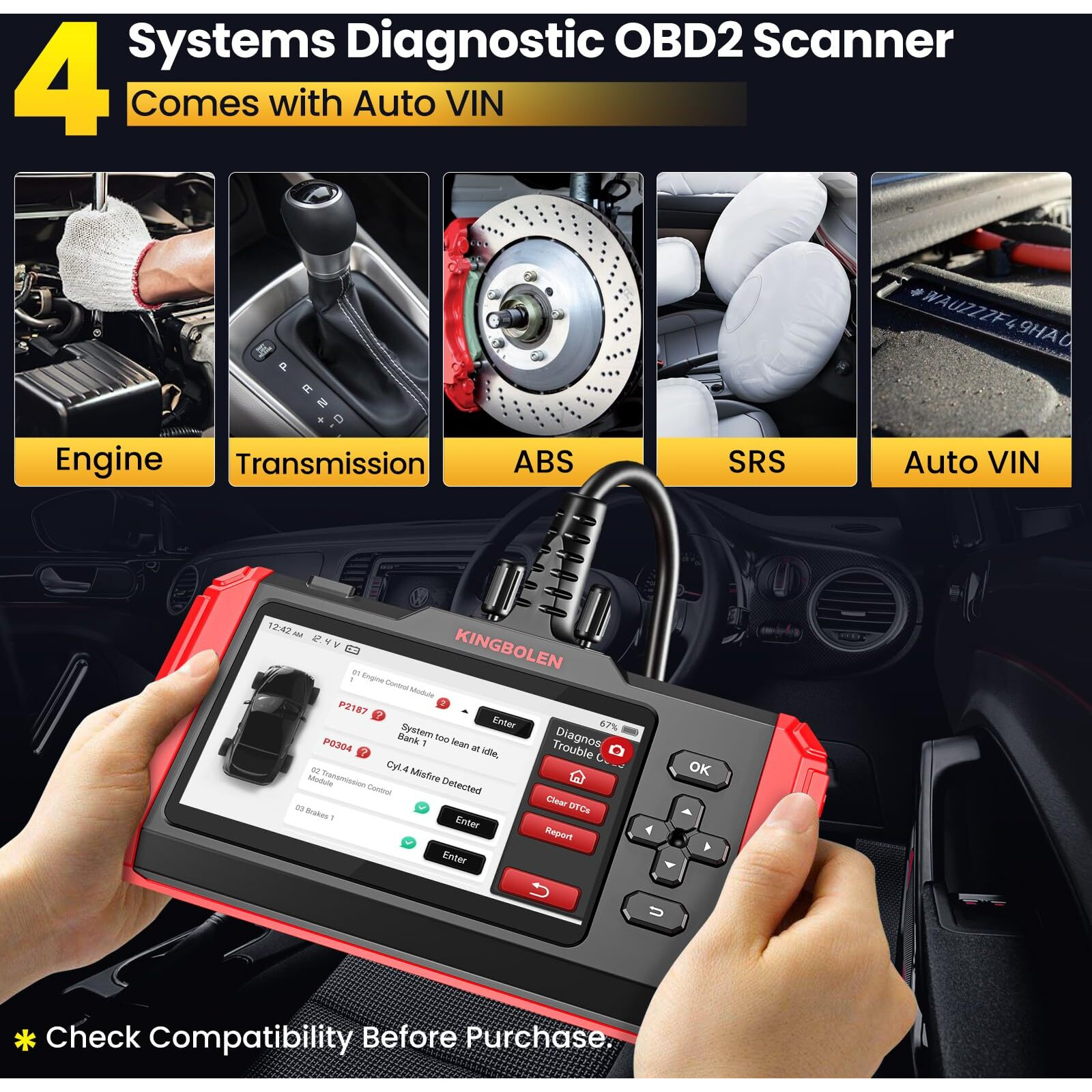 Kingbolen S600 Obd2 Car Scanner,Ecm/Tcm/Srs/Abs Code Reader With 10 Reset,Automotive Engine Scan Tool With Oil Tpms Brake Bleed Ets Sas Throttle Reset,Autovin Car Diagnostic Tools,Lifetime Free Update
