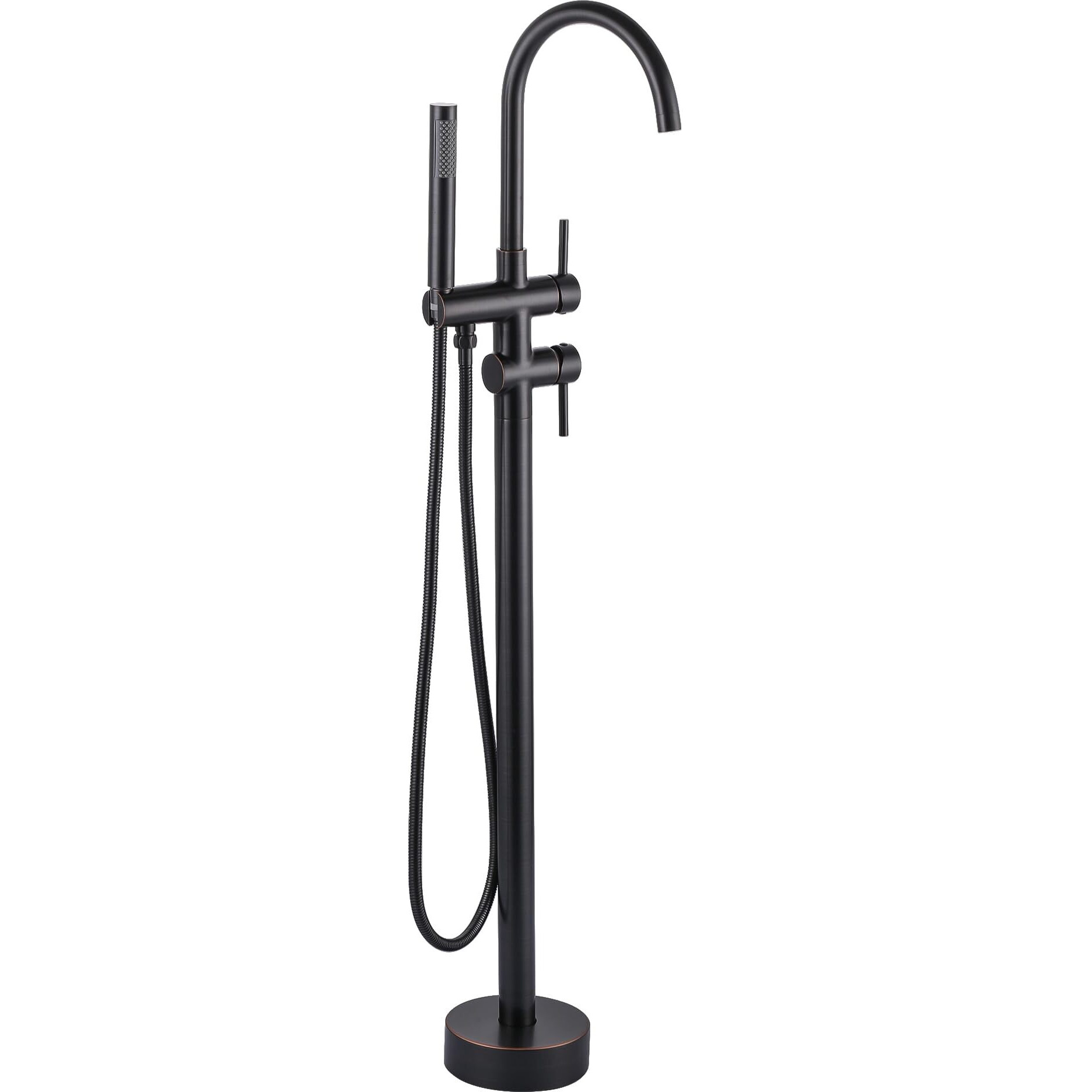 Freestanding Tub Filler Faucet Bronze High Flow Brass Floor Mount Bathtub Filler, Swivel Gooseneck Spout With Single Handheld Sprayer For Bathroom Shower, Oil Rubbed Bronze