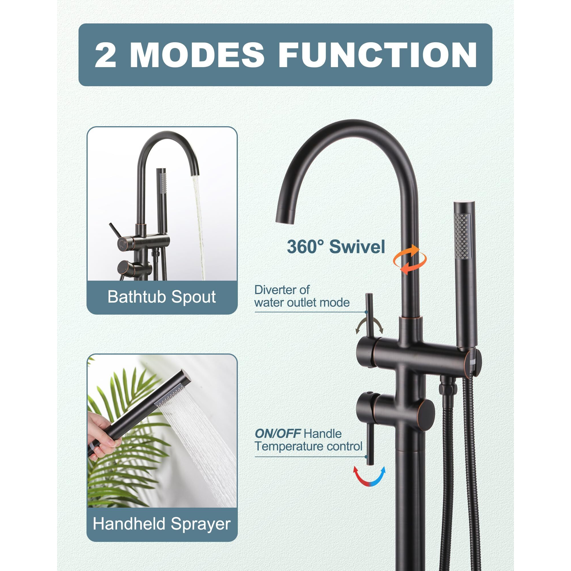 Freestanding Tub Filler Faucet Bronze High Flow Brass Floor Mount Bathtub Filler, Swivel Gooseneck Spout With Single Handheld Sprayer For Bathroom Shower, Oil Rubbed Bronze