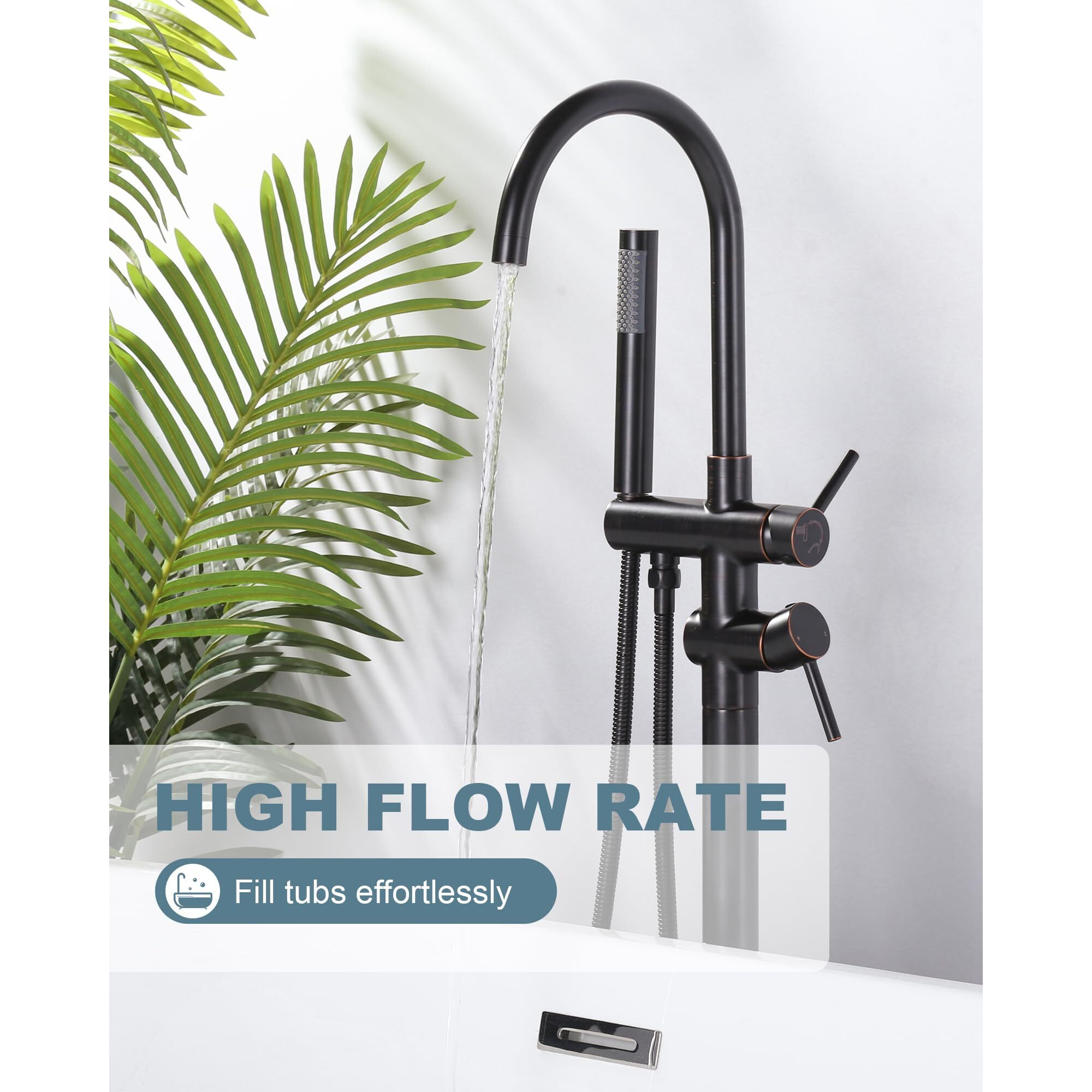 Freestanding Tub Filler Faucet Bronze High Flow Brass Floor Mount Bathtub Filler, Swivel Gooseneck Spout With Single Handheld Sprayer For Bathroom Shower, Oil Rubbed Bronze