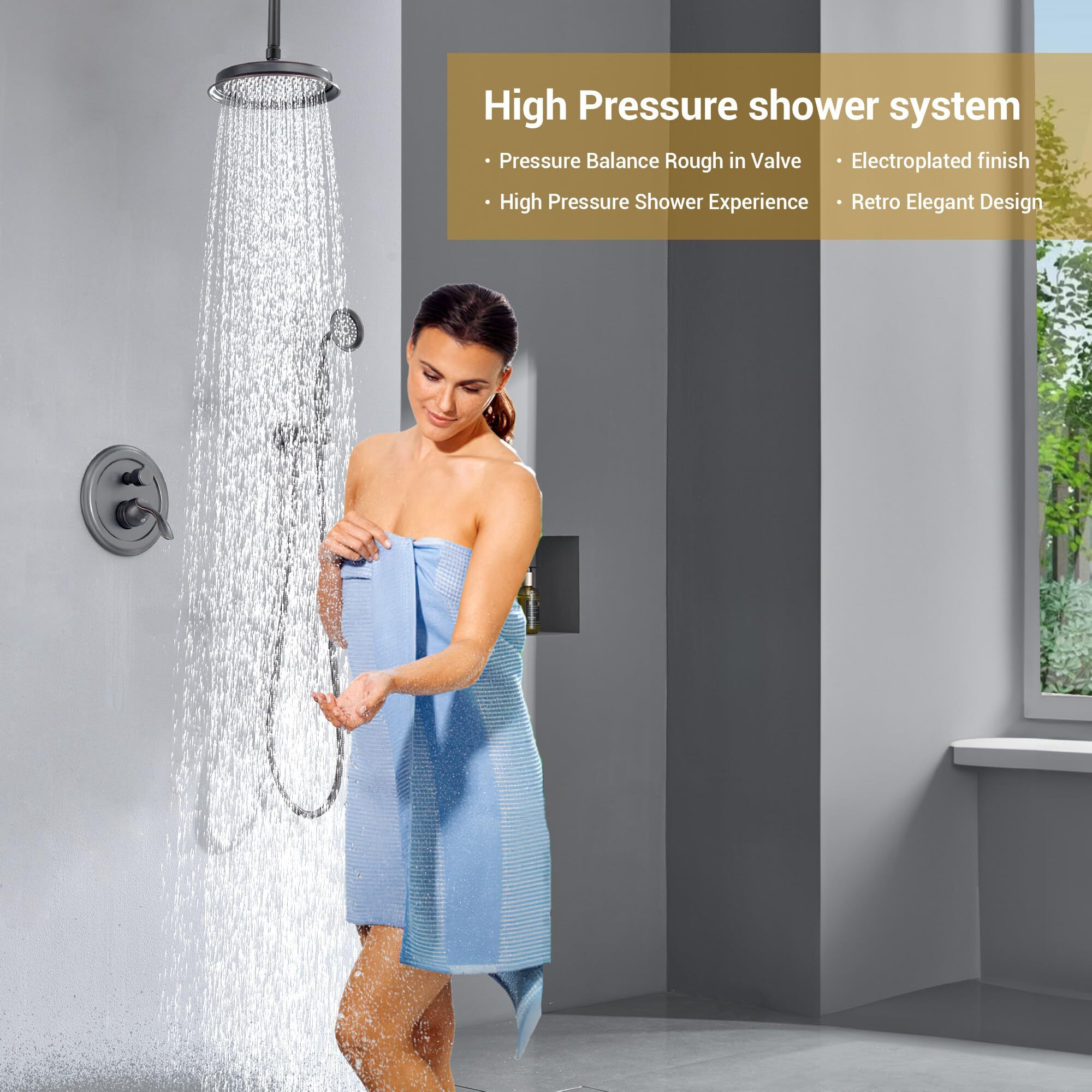 Dasan Oil Rubbed Bronze Rain Shower System Complete Antique Shower Faucet Sets, Shower Fixtures Combo With Pressure Balance Valve, Trim Kit, 9 Rainfall Overhead Shower & Handheld, At209C-Orb
