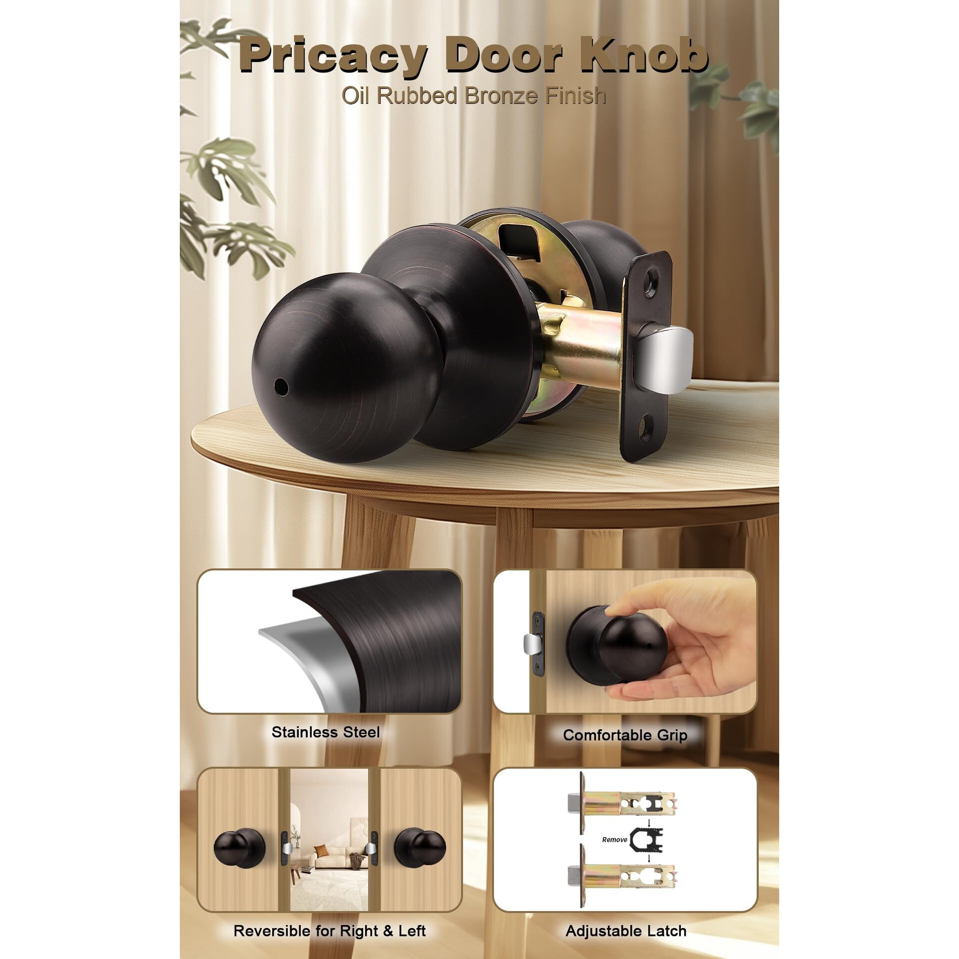 Probrico Door Knob Without Key Privacy Door Knob For Bedroom/Bathroom Round Ball Shape Oil Rubbed Bronze Door Handles Keyless Door Locksets 5 Pack