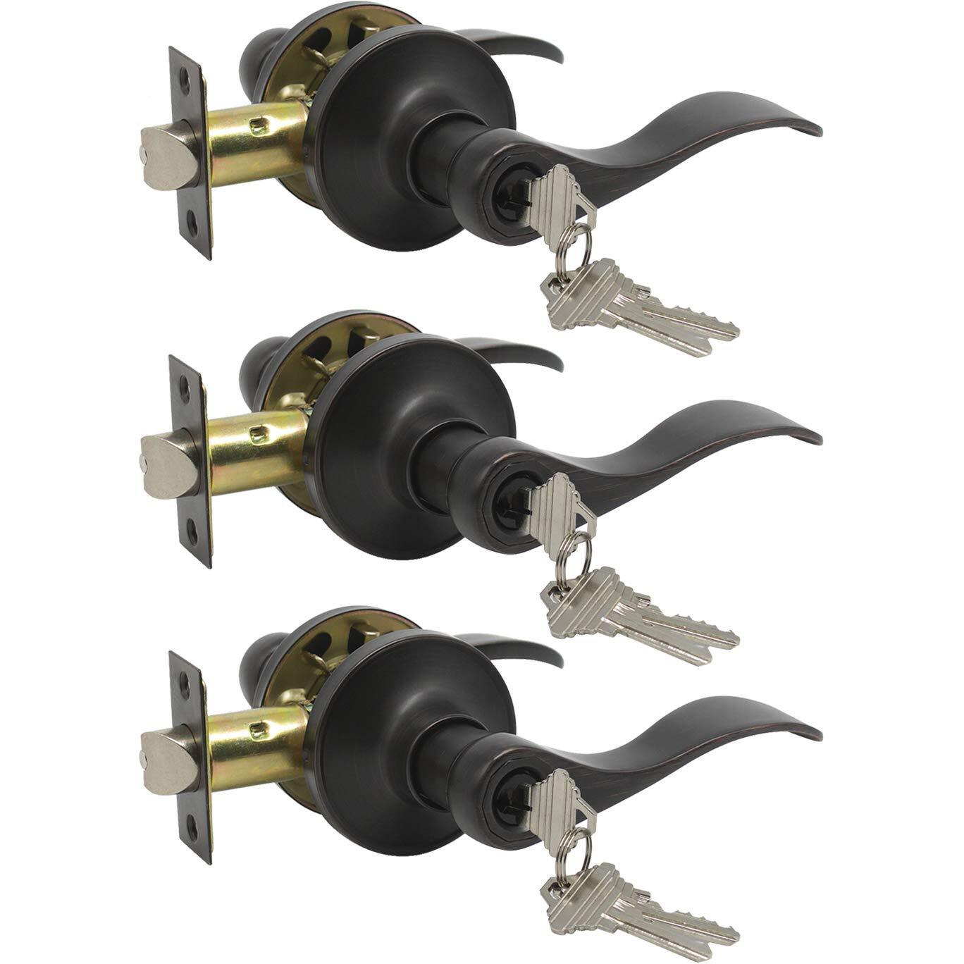 Gobrico Keyed-Alike Oil Rubbed Bronze Entry Door Locks Wave Handle Lever With Same Key, 3Pack