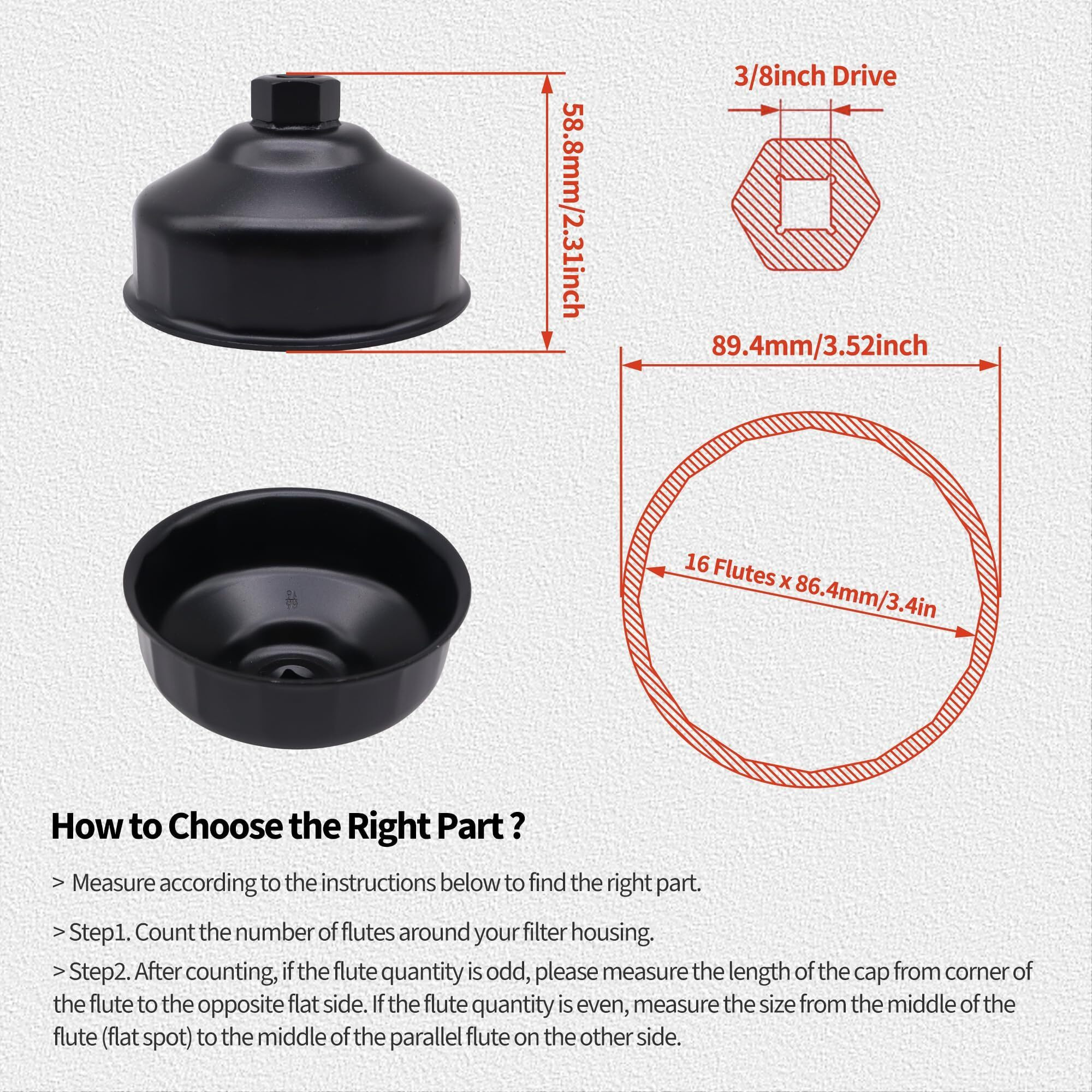 Oxcano 86.4Mm 16 Flutes Oil Filter Wrench Compatible With Bmw With 86Mm Cartridge Style Filter Housing Caps, Oil Filter Housing Cap Removal Tool To Change Oil, Oil Filter Socket Wrench Kit