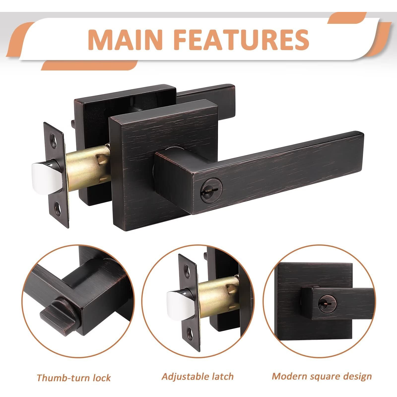 Knobelite 2 Pack Oil Rubbed Bronze Key Lock Door Handles With Latch, Adjustable Backset 60Mm-70Mm, Easy Installation