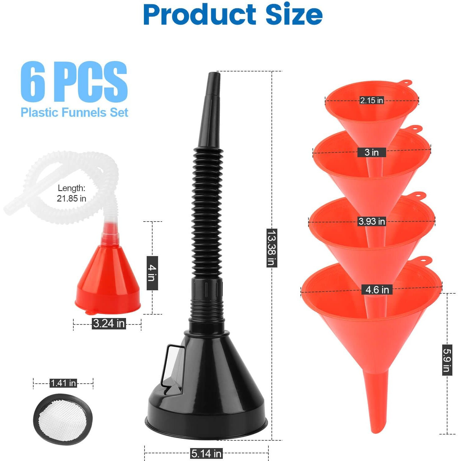 6 Pcs Automotive Funnels Set, Plastic Fuel Funnels With Hose, Wide Mouth Flexible Oil Funnels For Automotive Use Filling Water/Gasoline/Coolant/Engine Oil