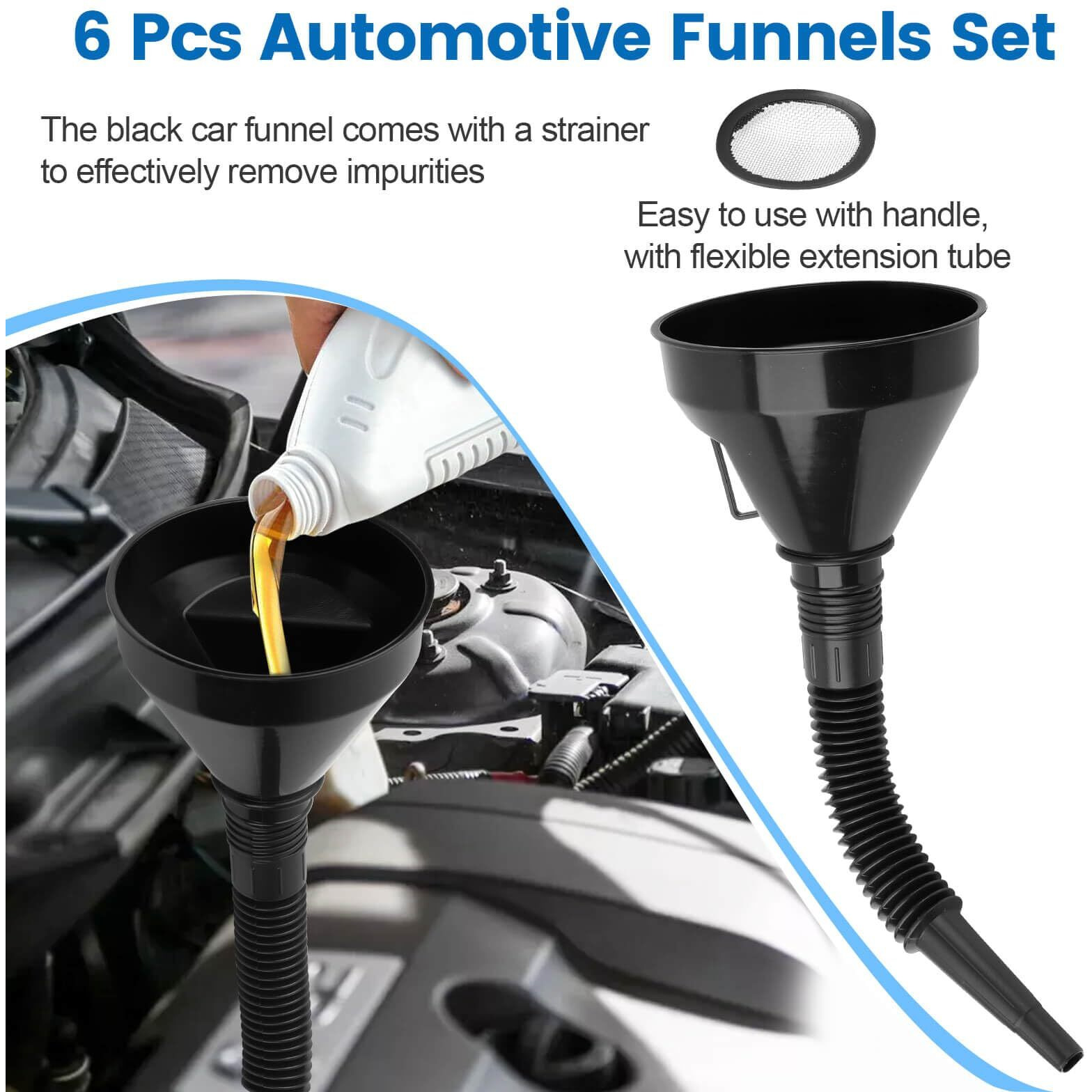 6 Pcs Automotive Funnels Set, Plastic Fuel Funnels With Hose, Wide Mouth Flexible Oil Funnels For Automotive Use Filling Water/Gasoline/Coolant/Engine Oil