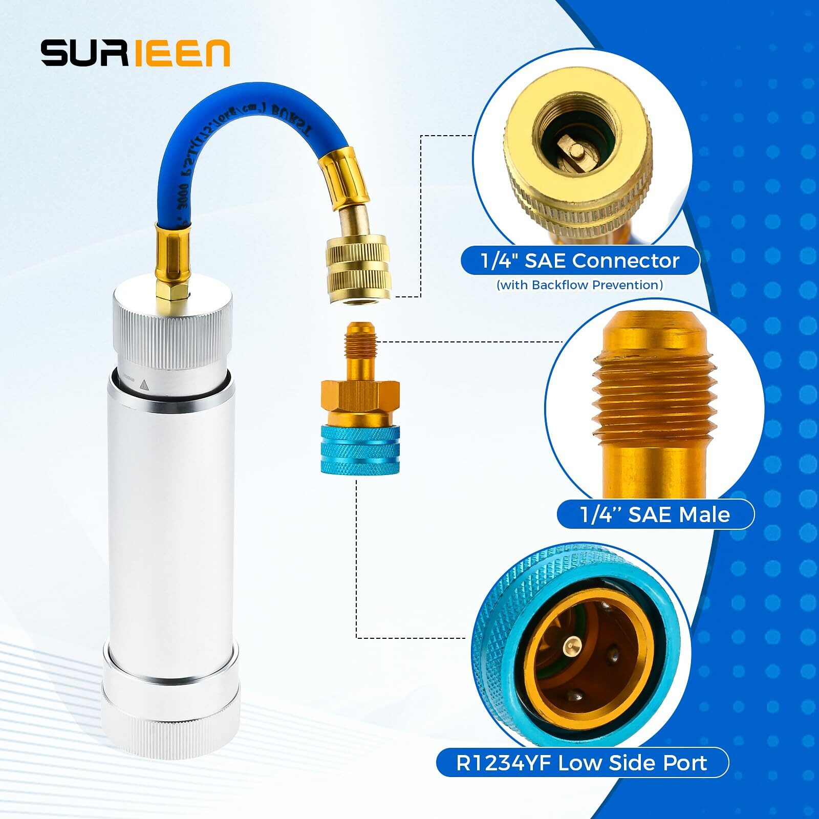 Surieen R1234Yf/R134A Ac Oil Injector Kit, Hvac Dye Oil Injector With R1234Yf&R134A Low Side Quick Couplers & 1/4"" Sae Connector, Ac Dye Injector Tool Set, For A/C & Hvac Refrigerant System