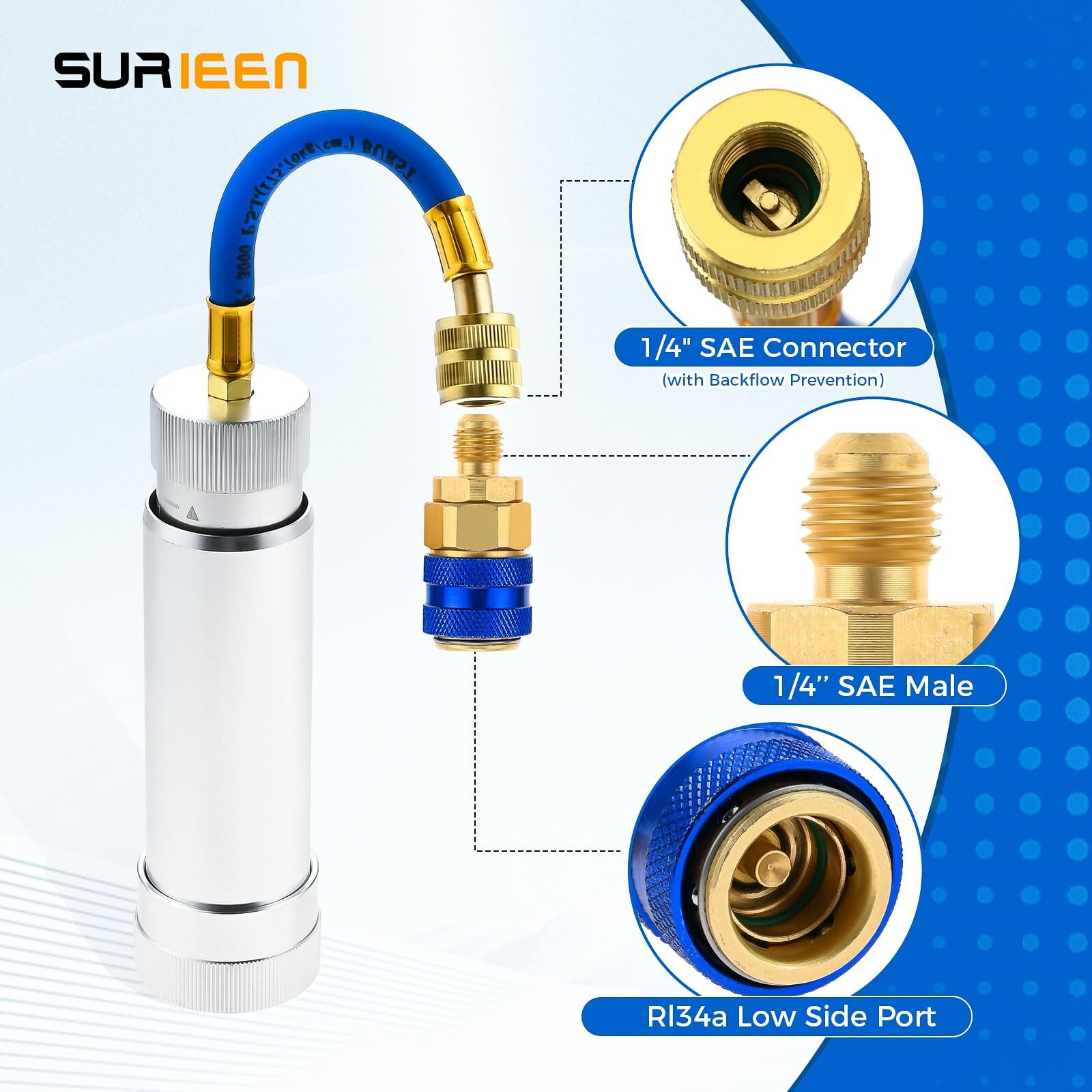 Surieen R1234Yf/R134A Ac Oil Injector Kit, Hvac Dye Oil Injector With R1234Yf&R134A Low Side Quick Couplers & 1/4"" Sae Connector, Ac Dye Injector Tool Set, For A/C & Hvac Refrigerant System