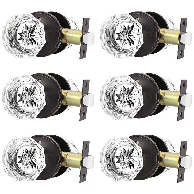 Orger 6 Pack Glass Door Knobs With Oil Rubbed Bronze Rosette, Bath/Bed Door Knobs For Privacy Use, Keyless Interior Door Handles With Diamond Shape Crystal Glass And Zinc Alloy Base