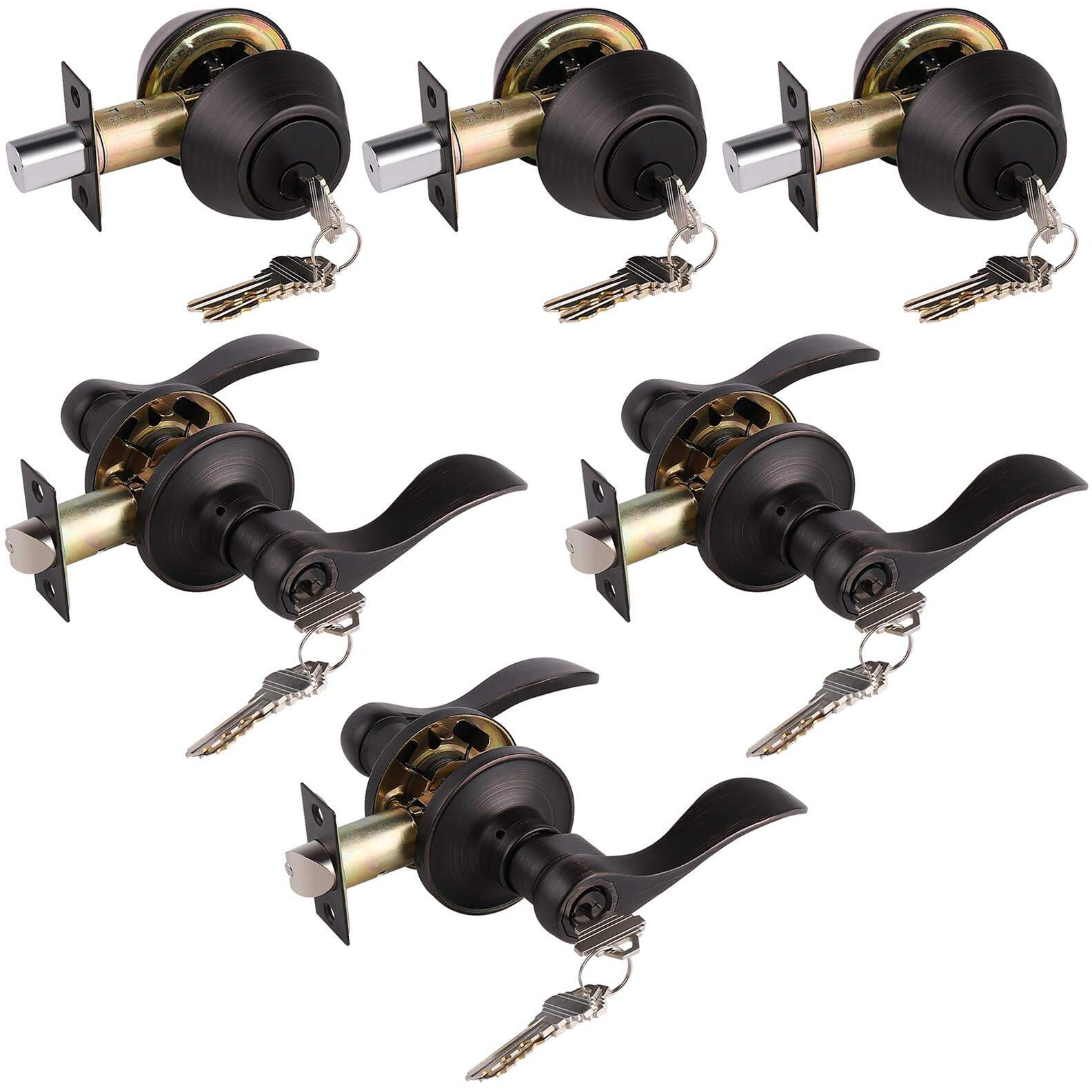 3 Pack Wave Entry Door Levers And Double Cylinder Deadbolt Combination Lockset,Oil Rubbed Bronze Keyed Alike Exterior Door Handle Locks,Universal For Right/Left Handed Doors
