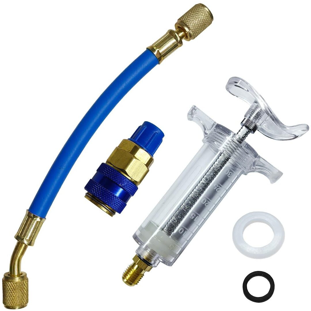 Duscoke Ac Oil And Dye Injector Kit, 30Ml/1 Oz Hand Push Hvac Compressor With Quick Coupler 1/4"" Sae Connector, Manual Car Oil Dye Injector Refrigerant Tool For Air Conditioning System