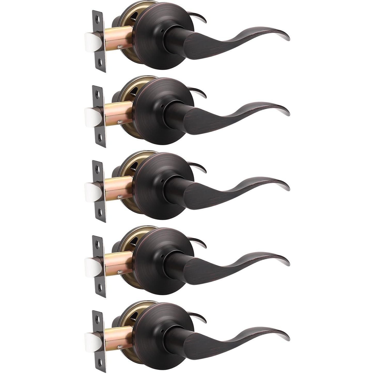 Mengico 5 Pack Passage Door Lever No Lock, Oil Rubbed Bronze Door Handle Interior, Closet Hallway Door Handle,Reversible Wave Lever Handles