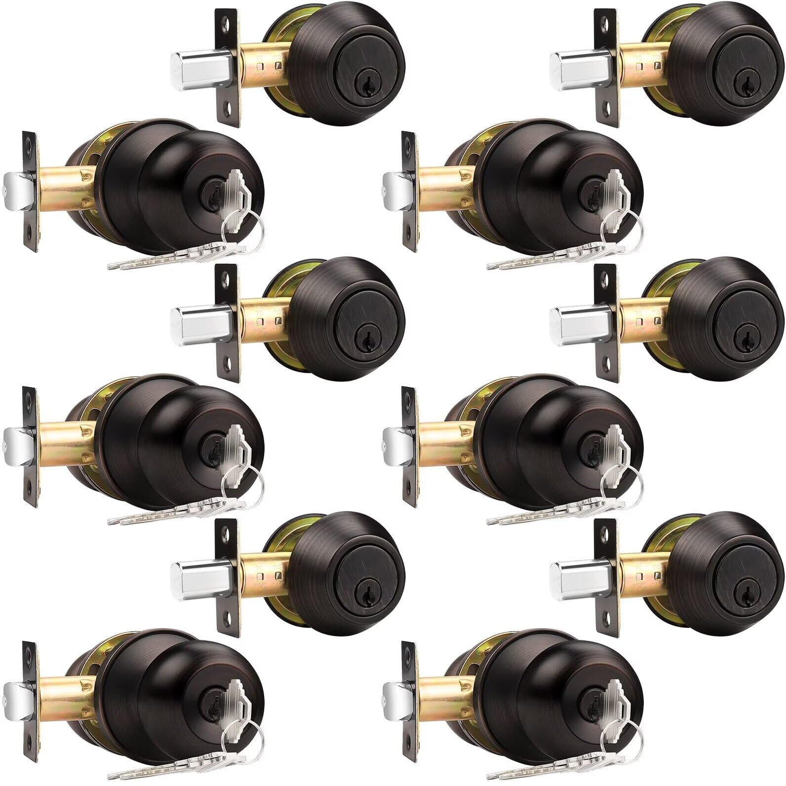 Probrico 6 Sets-Entry Door Knob Lockset And Single Cylinder Deadbolt Combination Set, Keyed Alike Front Handlesets In Oil Rubbed Bronze, Combo Pack Door Knobs Exterior,Contractor Pack