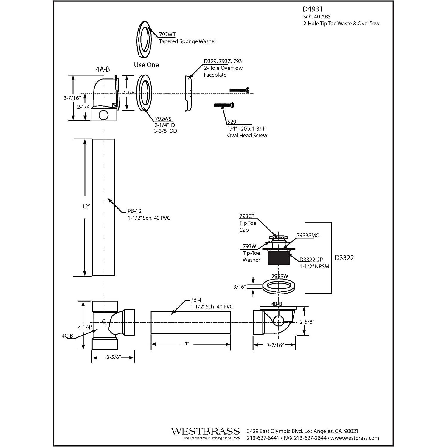 Westbrass D4931-4-12 1-1/2"" X 12"" Bath Waste & Overflow Assembly With Tip-Toe Drain Plug And 2-Hole Faceplate-Sch. 40 Abs Pipe, 4-Pack, Oil Rubbed Bronze, 4 Count