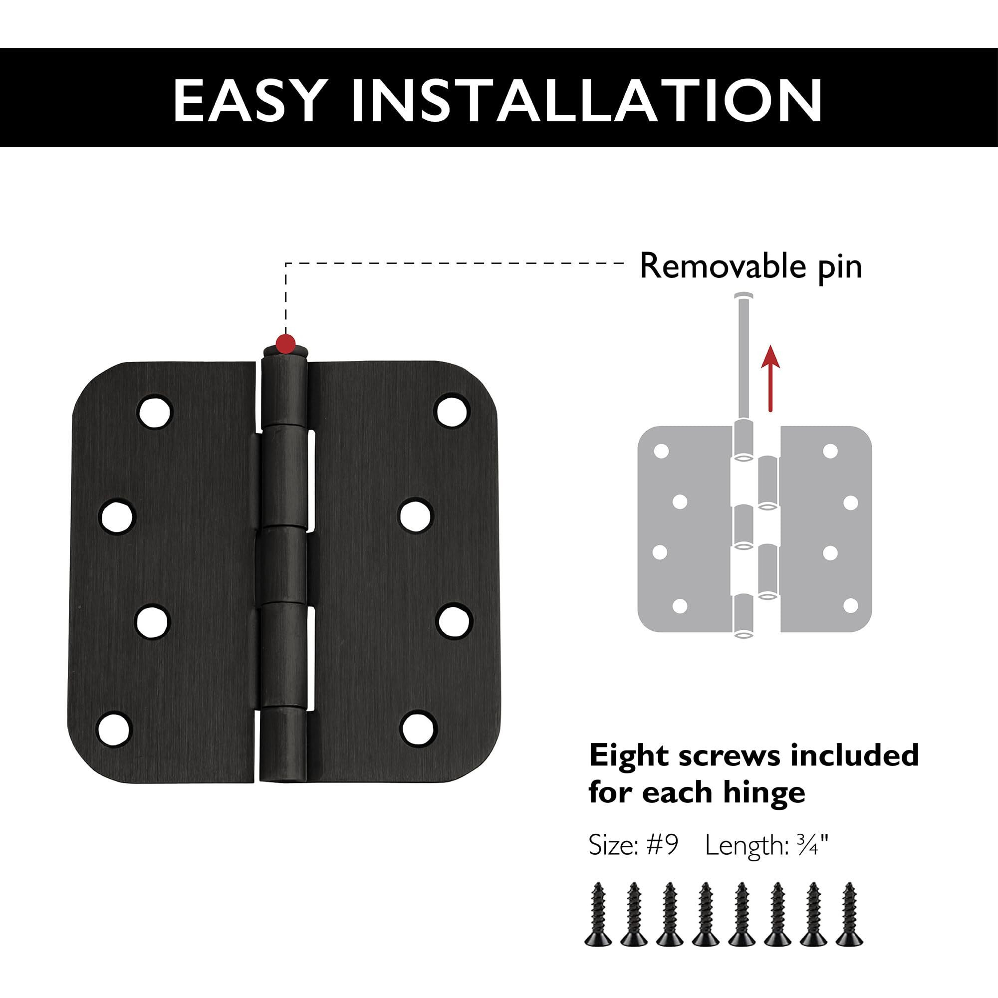 Door Hinges For Interior Doors 9-Pack 4-Inch X 4-Inch - Rounded 5/8-Inch Radius Steel Door Hinge - Oil Rubbed Bronze - Fits Standard Doors - Design House 191155