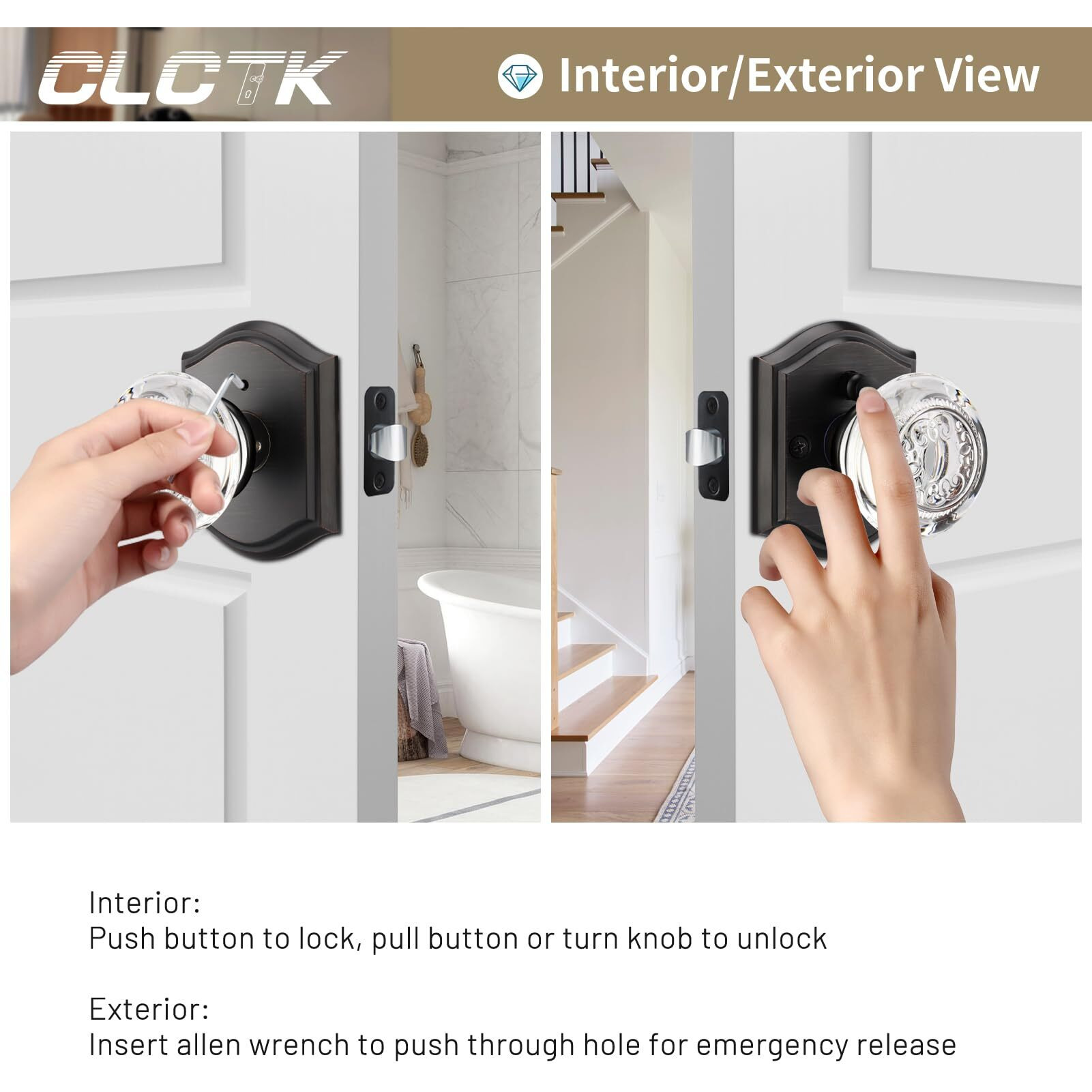 Clctk Glass Door Knobs Interior With Lock, Crystal Privacy Oil Rubbed Bronze Door Knobs For Bedroom Bathroom, 1 Pack