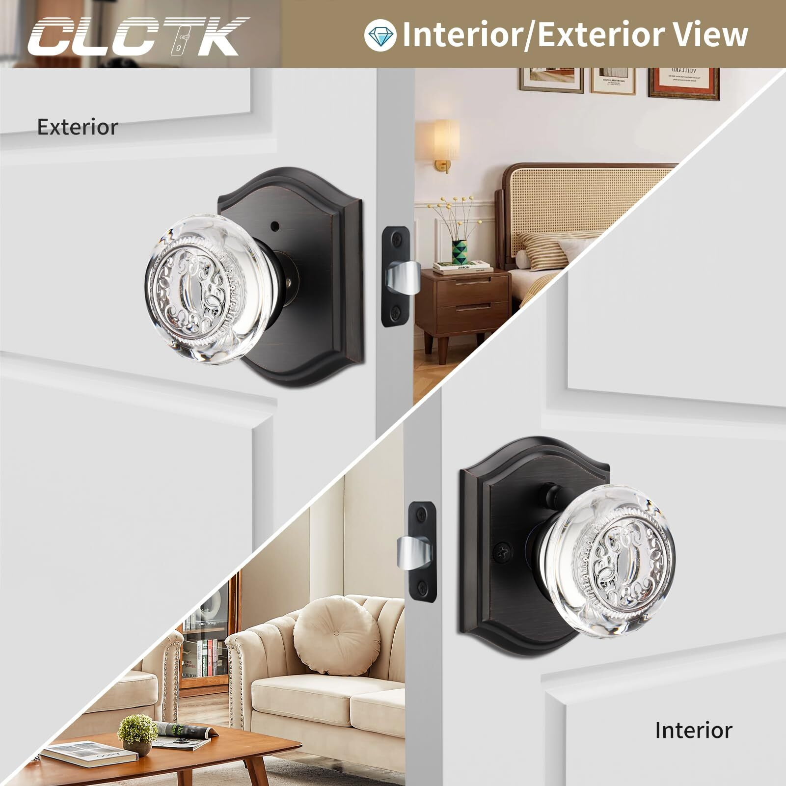 Clctk Glass Door Knobs Interior With Lock, Crystal Privacy Oil Rubbed Bronze Door Knobs For Bedroom Bathroom, 1 Pack