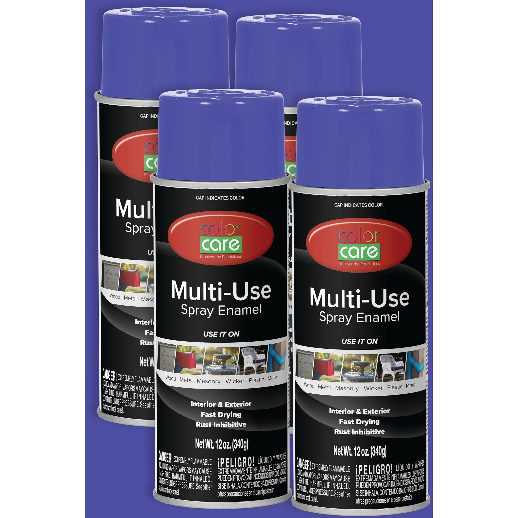 Color Care Spray Paint - 4 Pack Of 12 Oz. Cans, Oil Enamel, Rust Resistant, Quick Drying, No Drip Formula For Wood, Metal, Plastic, Masonry, Indoor & Outdoor Use (Purple)