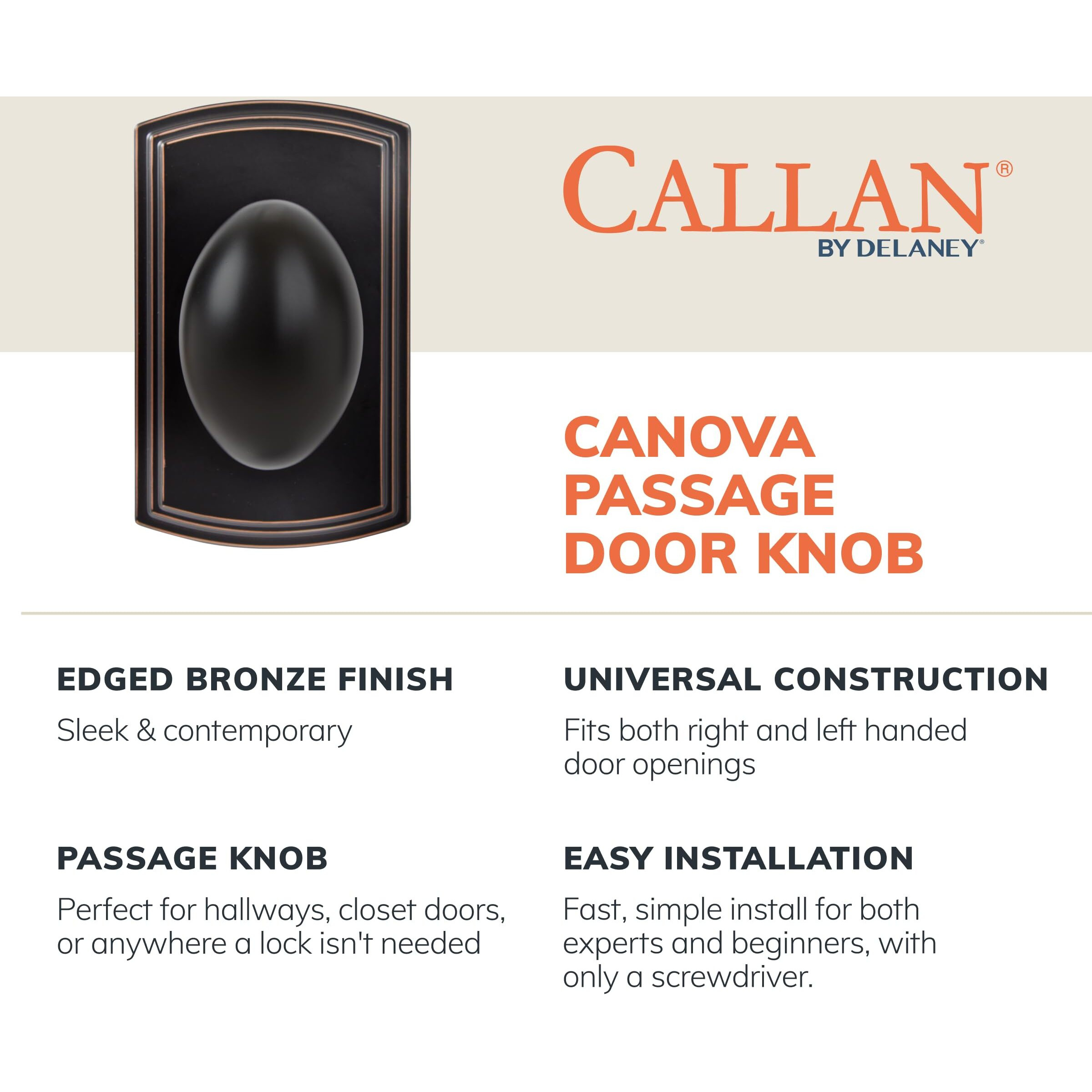 Delaney Callan Hardware Canova Passage Door Knob, Fits Doors 1-3/8 To 1-3/4 In. Thick, Edge Oil Rubbed Bronze - Reversible Left/Right-Handed Hallway, Closet Door Knob With Latch - Easy To Install