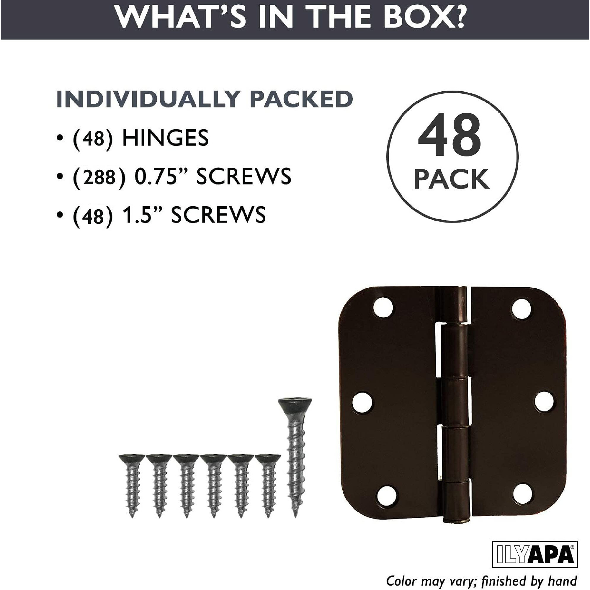 Ilyapa 48 Pack Oil Rubbed Bronze Door Hinges - 3.5 X 3.5 Inch Interior Door Hinges - 3 1/2 Inches, With 5/8 Inch Radius Corners
