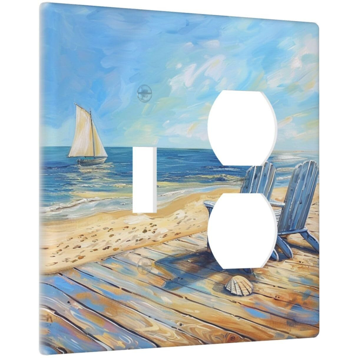 Xuejiaku Outlet Covers Sea Beach Chair Oil Painting Ocean Sailboat 2 Gang Decorative Socket Cover 1 Toggle Duplex Combo Light Switch Cover Gfci Electrical Wallplates For Bathroom Home Decor