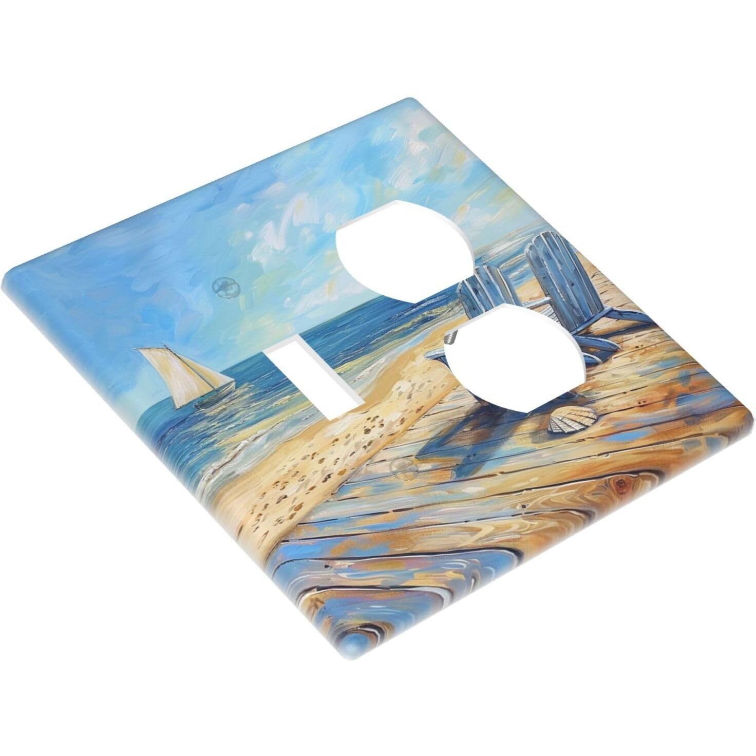 Xuejiaku Outlet Covers Sea Beach Chair Oil Painting Ocean Sailboat 2 Gang Decorative Socket Cover 1 Toggle Duplex Combo Light Switch Cover Gfci Electrical Wallplates For Bathroom Home Decor