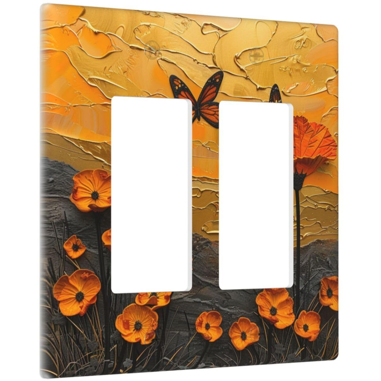 Xuejiaku Outlet Covers Oil Painting Abstract Orange Butterfly Flower 2 Gang Light Switch Cover Double Rocker Wallplates Decorative Electrical Gfci Socket Cover For Bedroom Home Decor