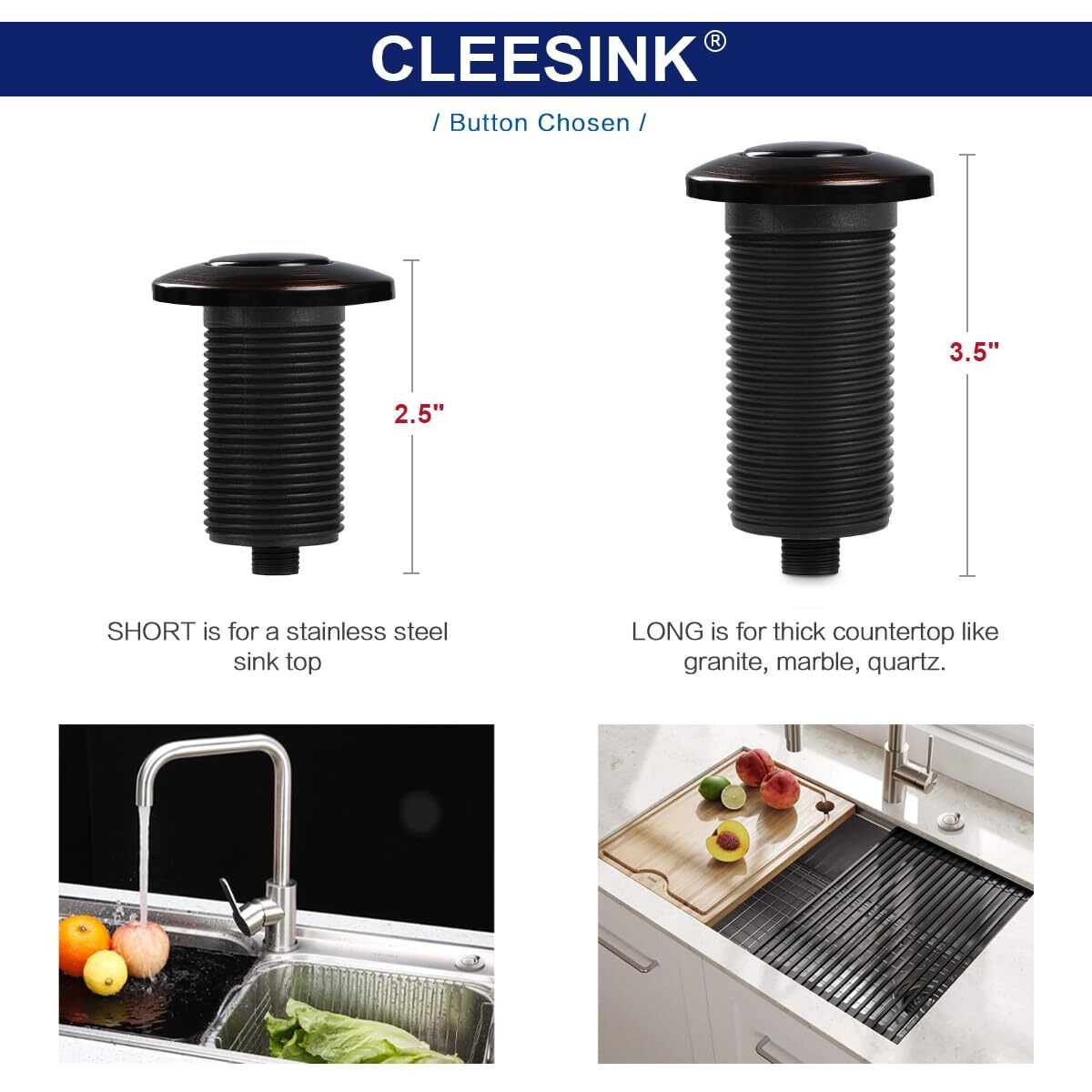 Cleesink Garbage Disposal Air Switch Kit, Stainless Steel & Oil Rubbed Bronze Sink Top Short Air Switch Button With Aluminum Power Module - Compatible With Most Food Waste Disposers