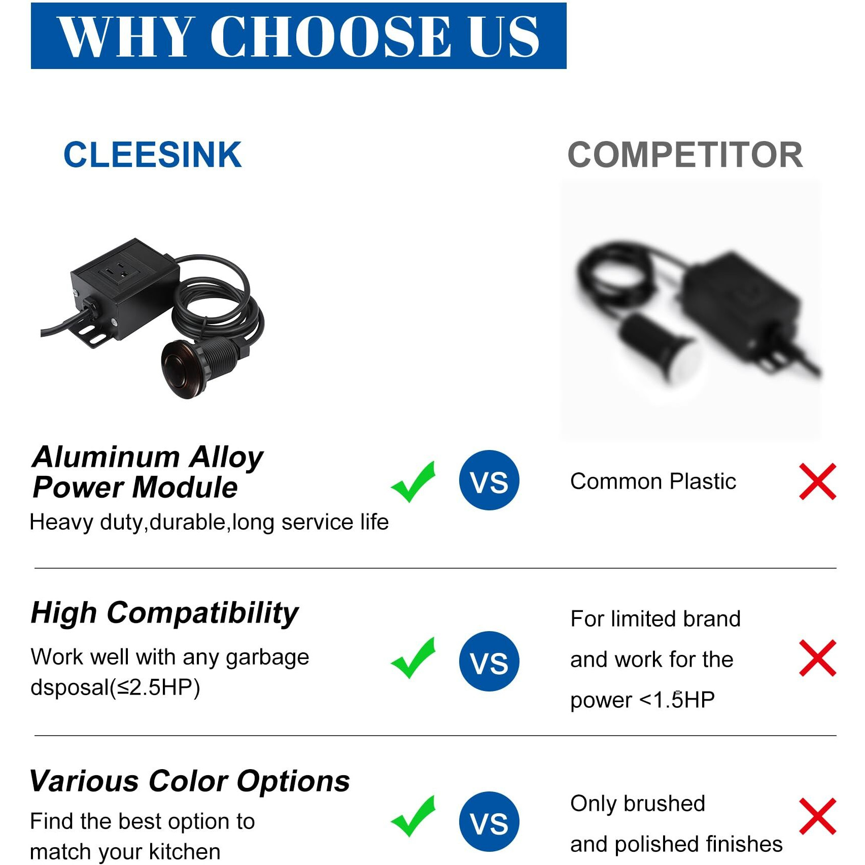 Cleesink Garbage Disposal Air Switch Kit, Stainless Steel & Oil Rubbed Bronze Sink Top Short Air Switch Button With Aluminum Power Module - Compatible With Most Food Waste Disposers