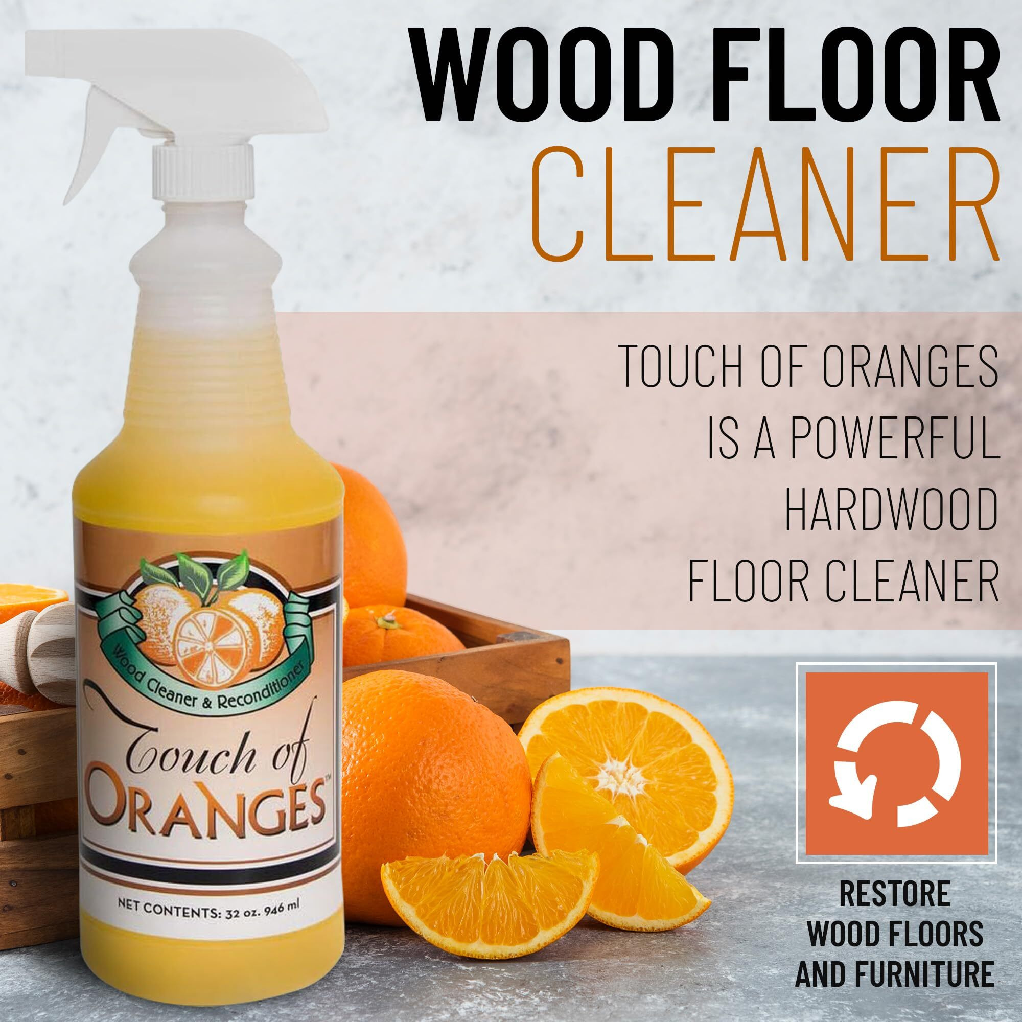 Touch Of Oranges Wood Cleaner & Polish Spray Real Orange Oil Luster Finish, Clean Kitchen Cabinets, Hardwood Floor And All Wood, Restorer, Conditioner - 32 Oz
