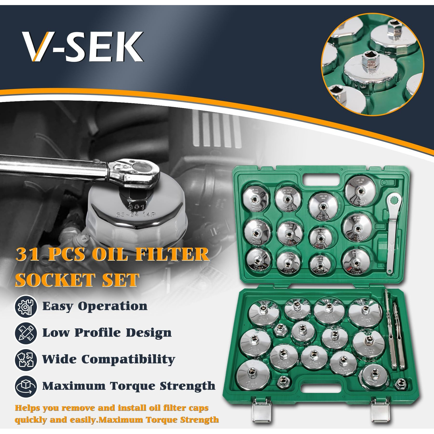 V-Sek Oil Filter Wrench Set, 31Pcs Oil Filter Socket Set, Oil Filter Cap Removal Tool, 1/2"" Drive Stainless Steel 27Mm 32Mm 36Mm 64Mm-101Mm Compatible With Volvo, Bmw, Toyota, Nissan, Etc