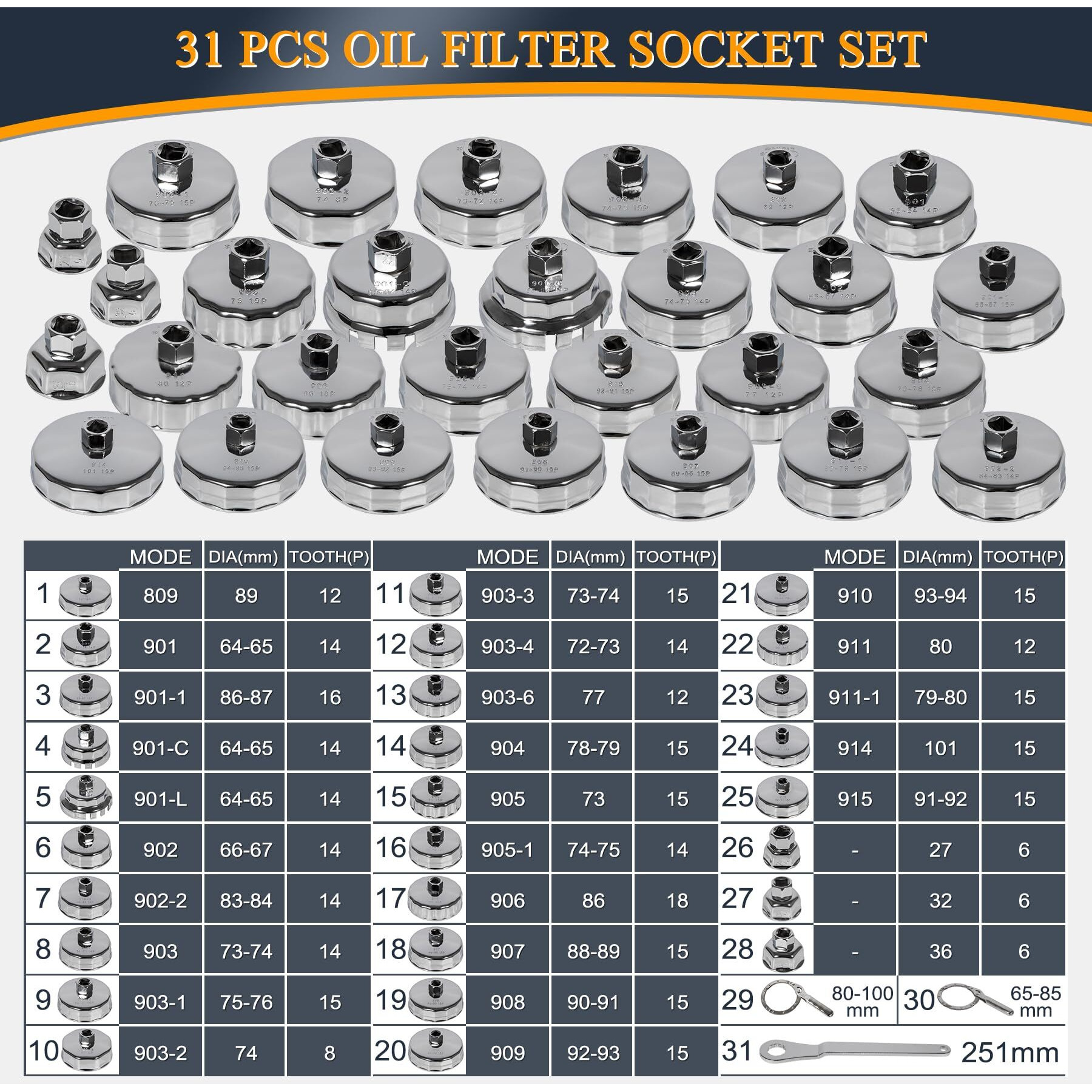 V-Sek Oil Filter Wrench Set, 31Pcs Oil Filter Socket Set, Oil Filter Cap Removal Tool, 1/2"" Drive Stainless Steel 27Mm 32Mm 36Mm 64Mm-101Mm Compatible With Volvo, Bmw, Toyota, Nissan, Etc