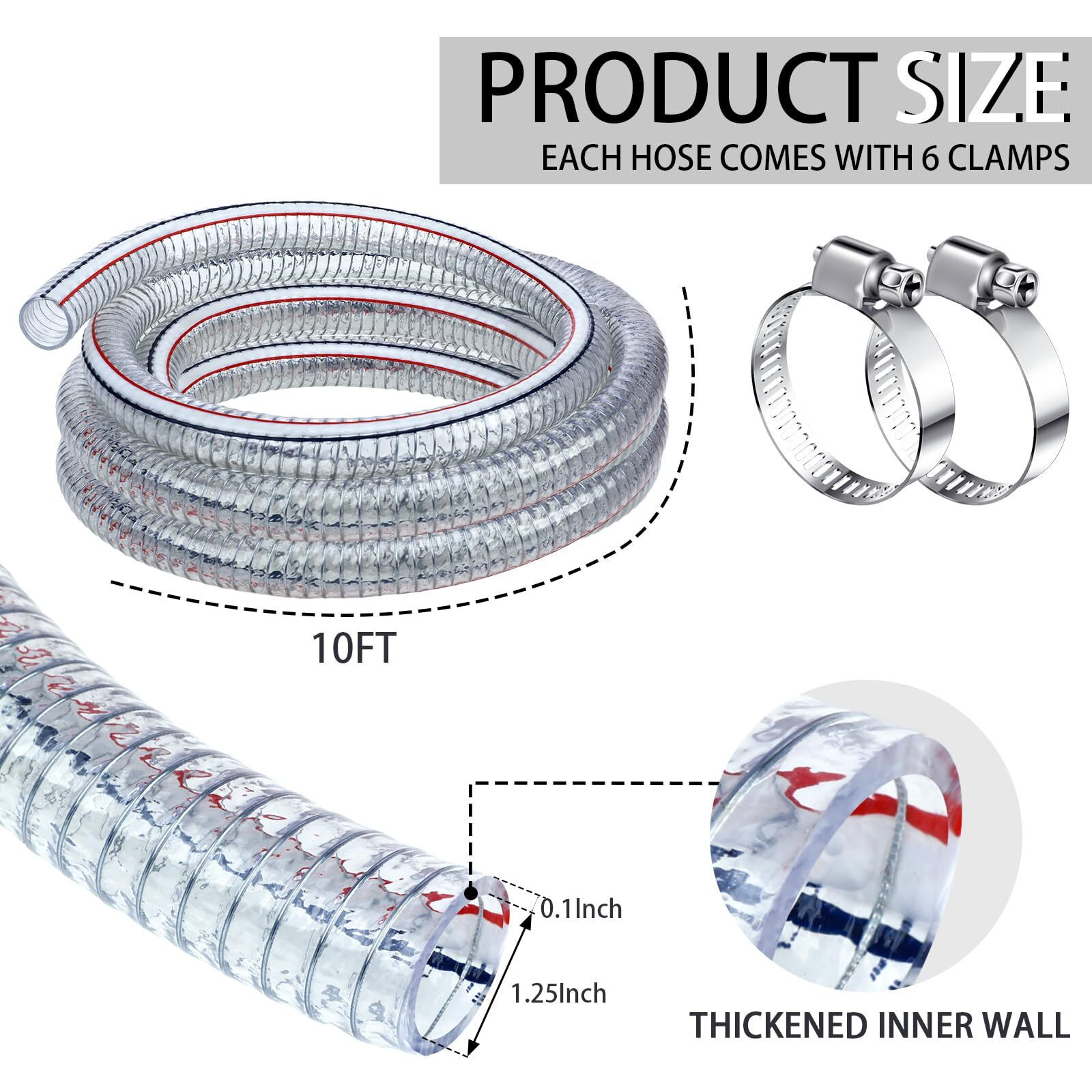 Frienda Heavy Duty Steel Wire Flexible Tubing With Fasteners Pvc High Pressure Oil Drain Hose Tube Clear Wire Reinforced For Pond Marine Bilge Pump Garden Pool(10 Ft, 1-1/4Inch Id)