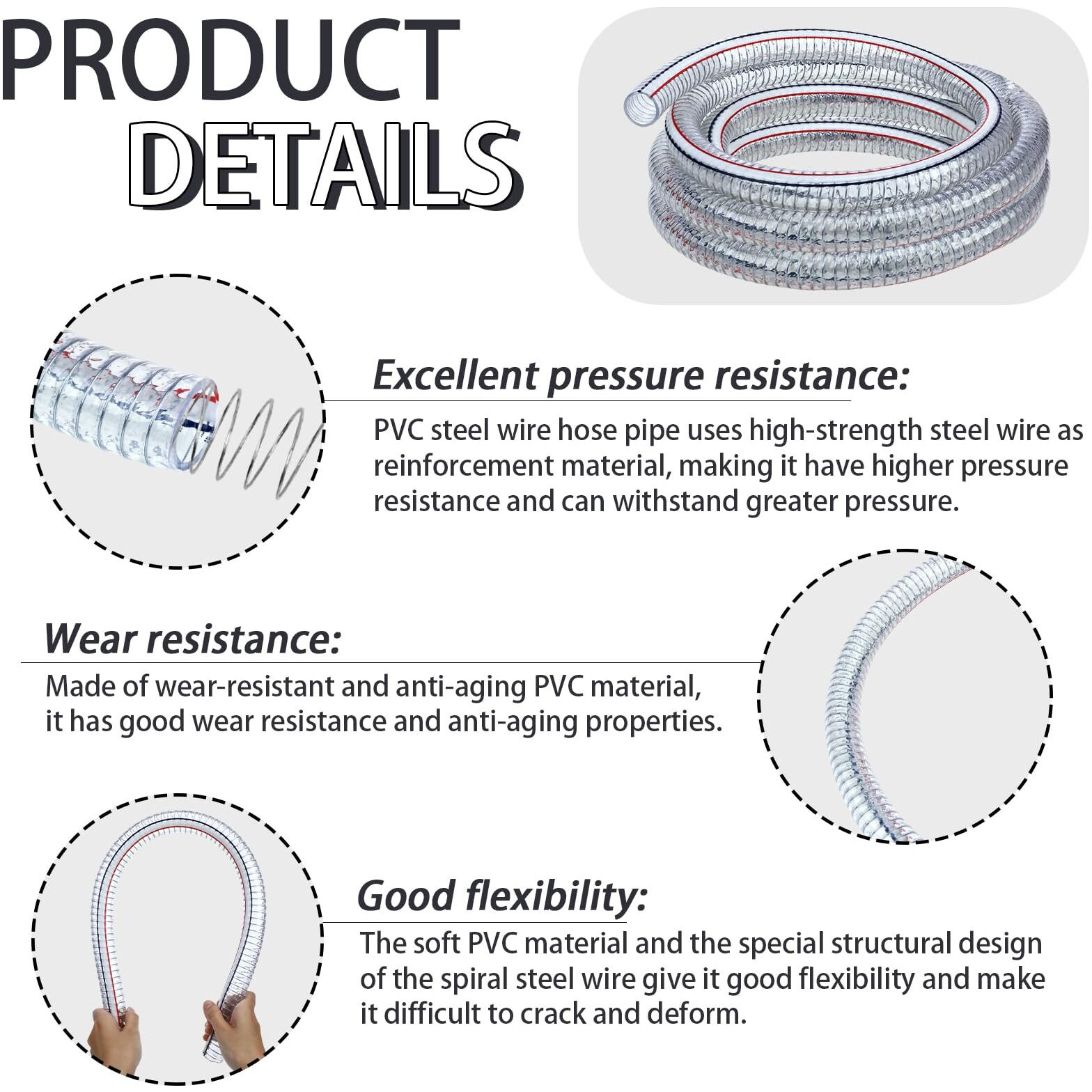 Frienda Heavy Duty Steel Wire Flexible Tubing With Fasteners Pvc High Pressure Oil Drain Hose Tube Clear Wire Reinforced For Pond Marine Bilge Pump Garden Pool(10 Ft, 1-1/4Inch Id)