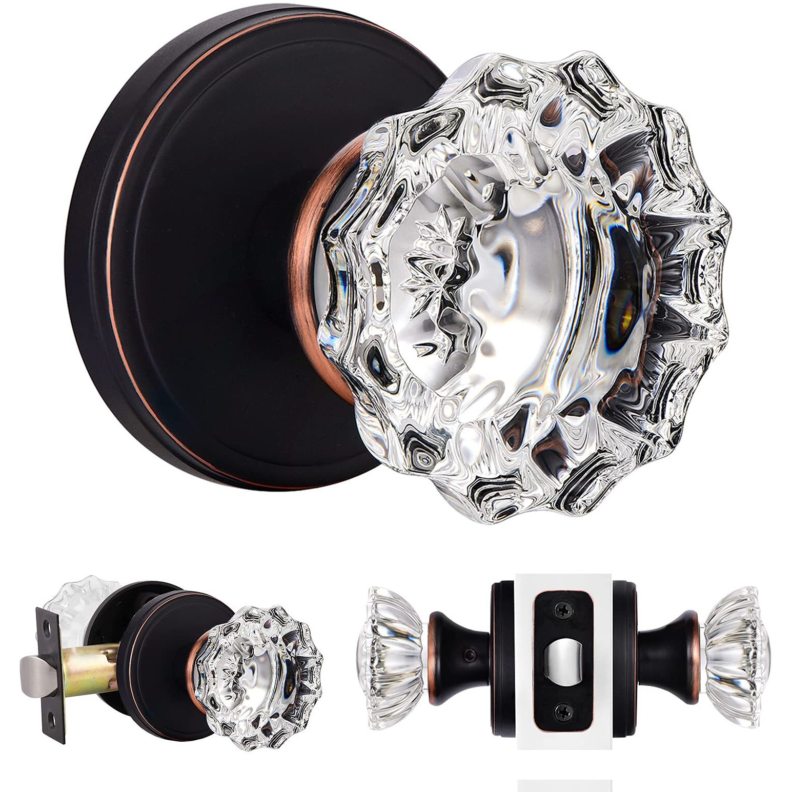 Shiny Handles Glass Door Knobs Interior, Crystal Passage Door Knob For Hallway Closet, Oil Rubbed Bronze (1 Pack)