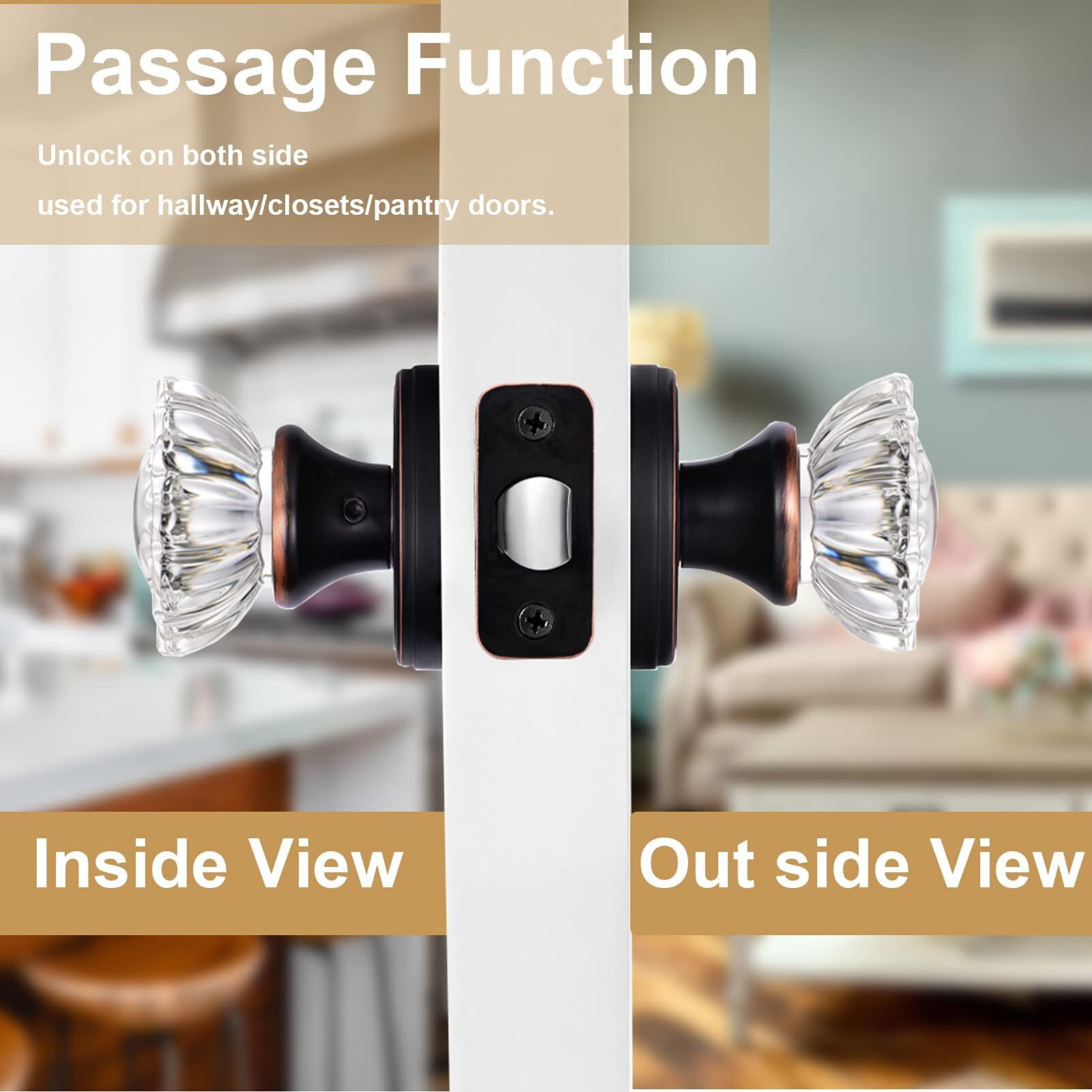 Shiny Handles Glass Door Knobs Interior, Crystal Passage Door Knob For Hallway Closet, Oil Rubbed Bronze (1 Pack)