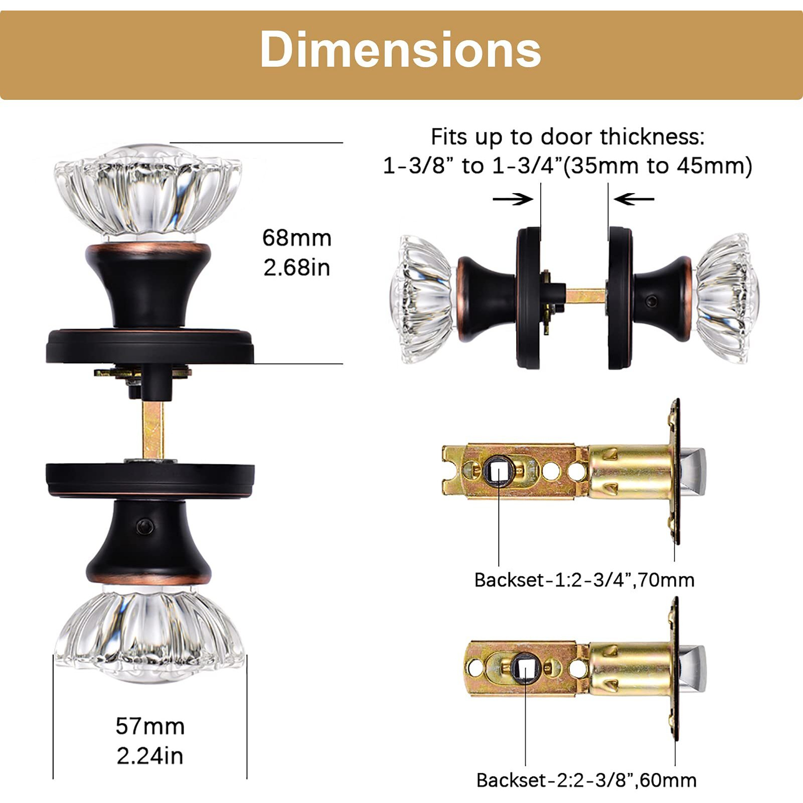 Shiny Handles Glass Door Knobs Interior, Crystal Passage Door Knob For Hallway Closet, Oil Rubbed Bronze (1 Pack)